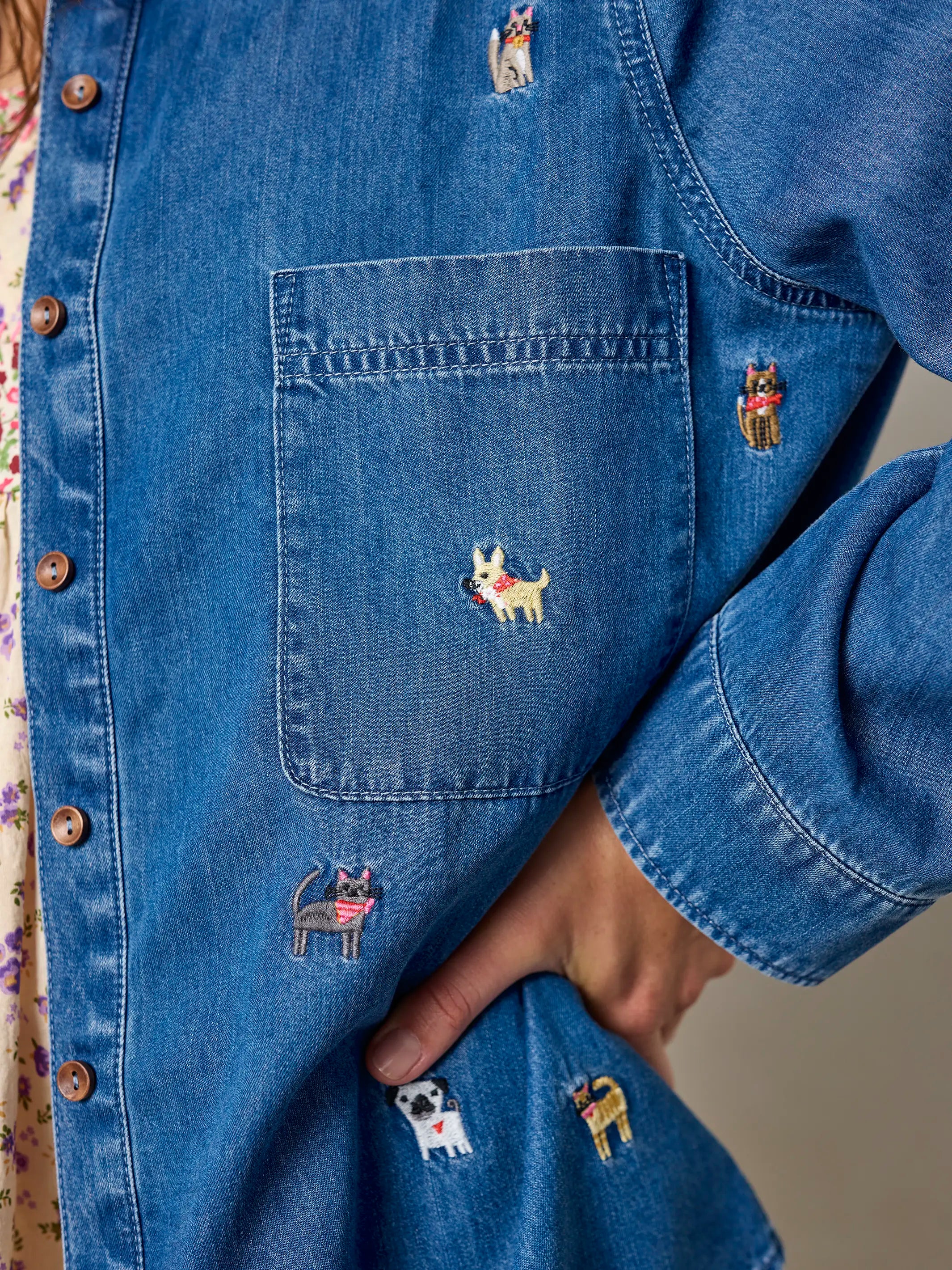 Fave Little Things Embroidered Shirt - Denim Pets
