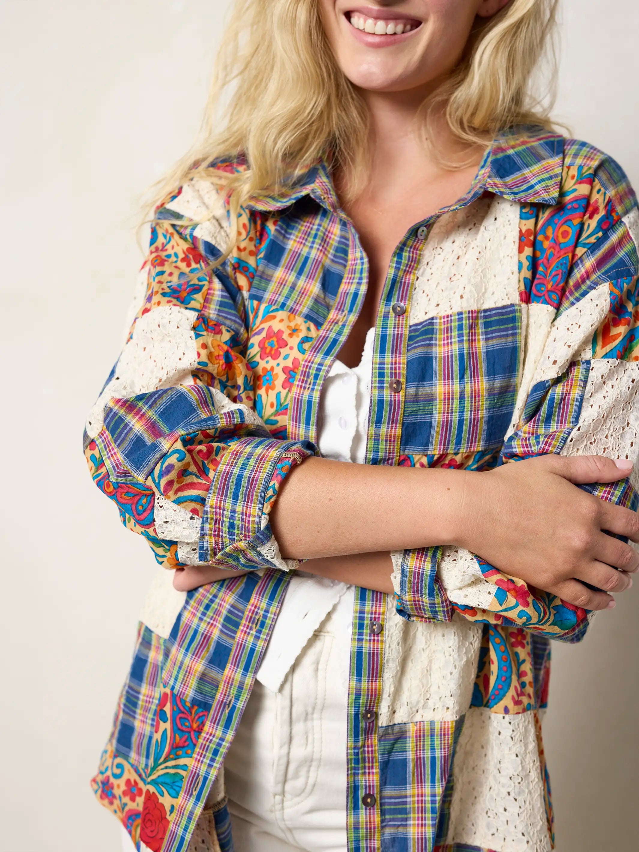 Barcelona Patchwork Button Down - Plaid Blue Fuchsia