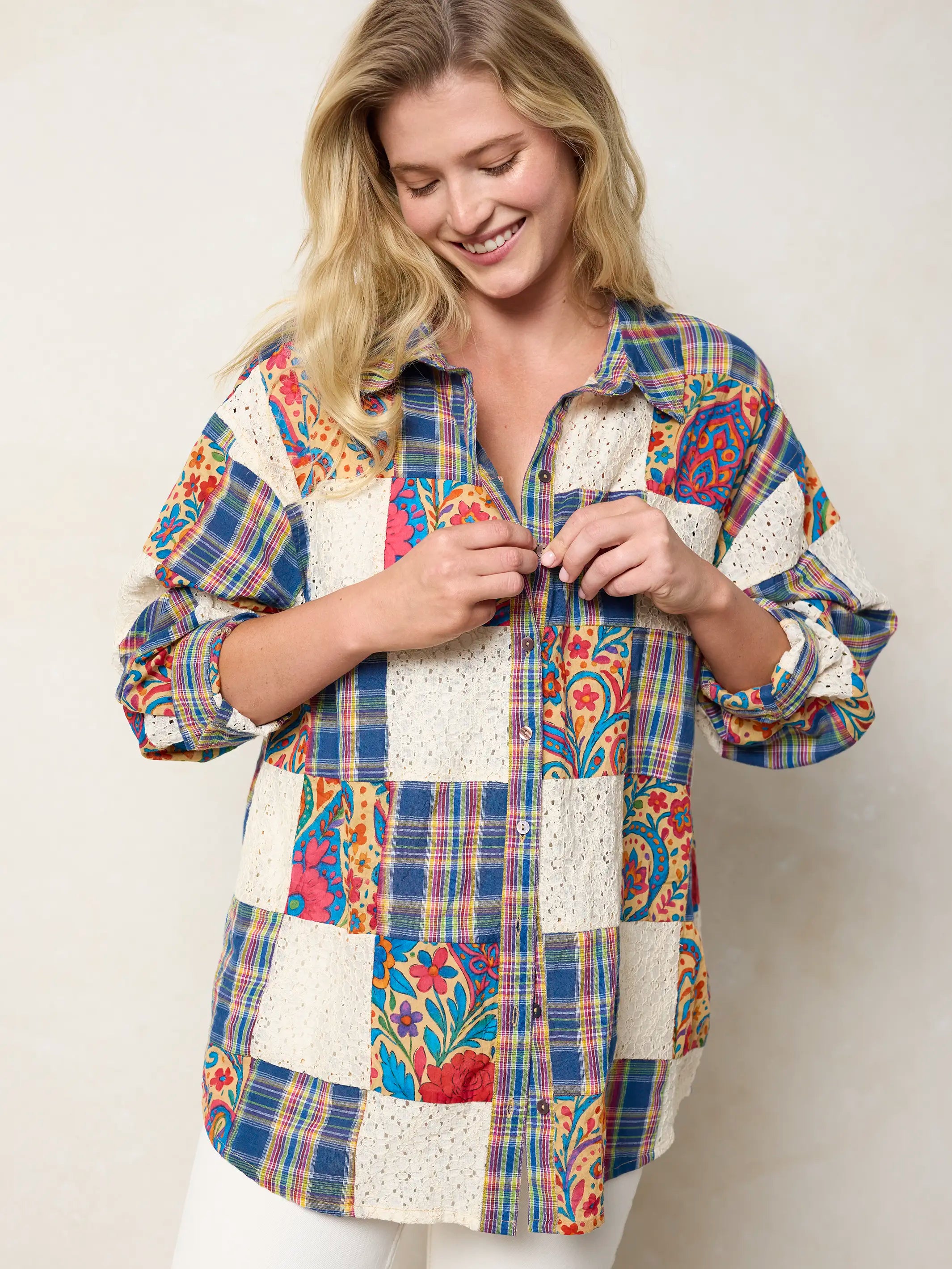 Barcelona Patchwork Button Down - Plaid Blue Fuchsia