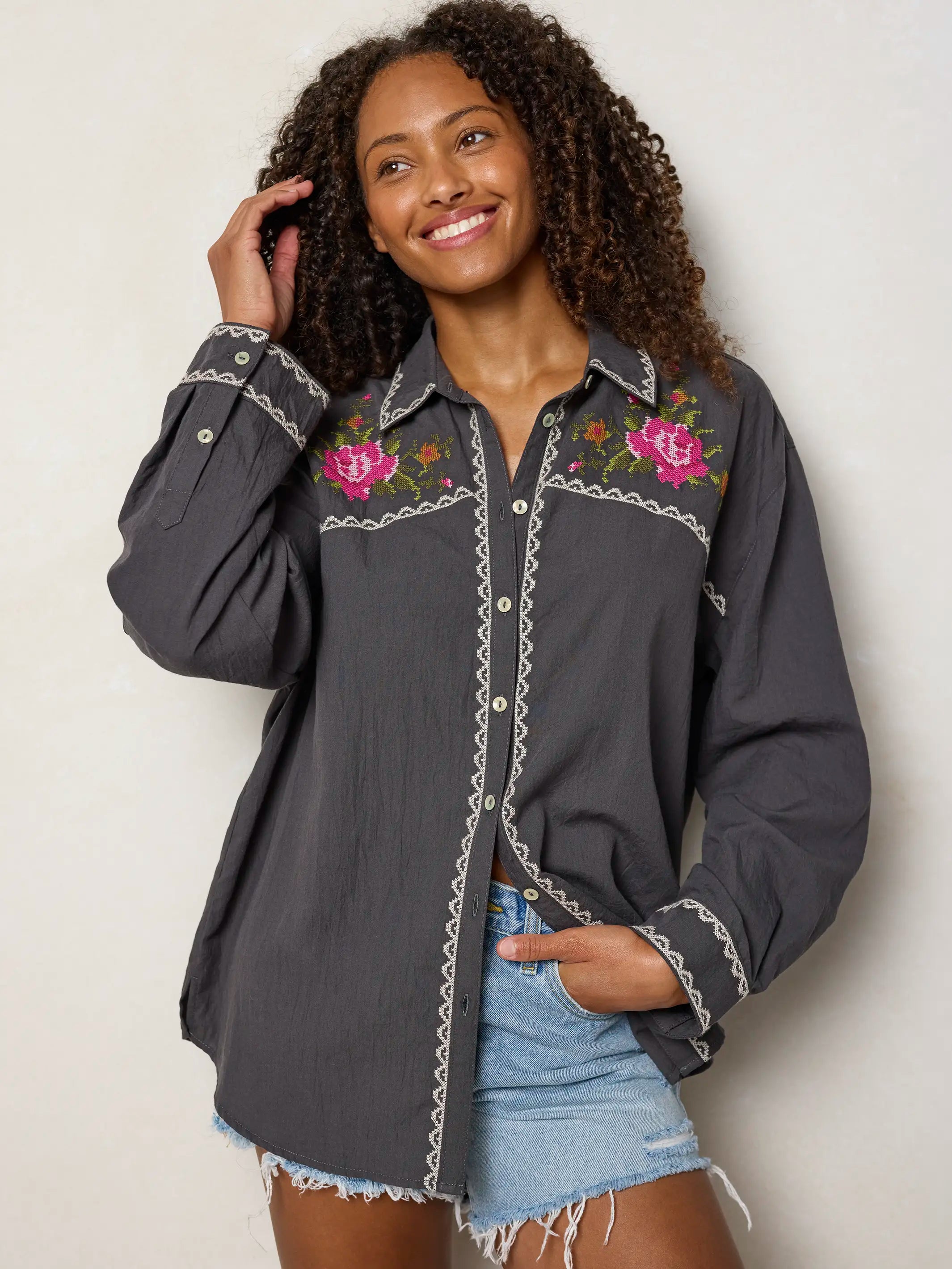 Round Top Embroidered Button Down - Charcoal