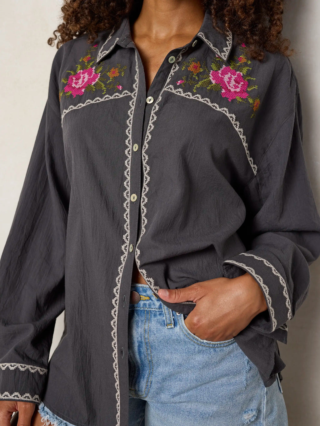 Round Top Embroidered Button Down - Charcoal