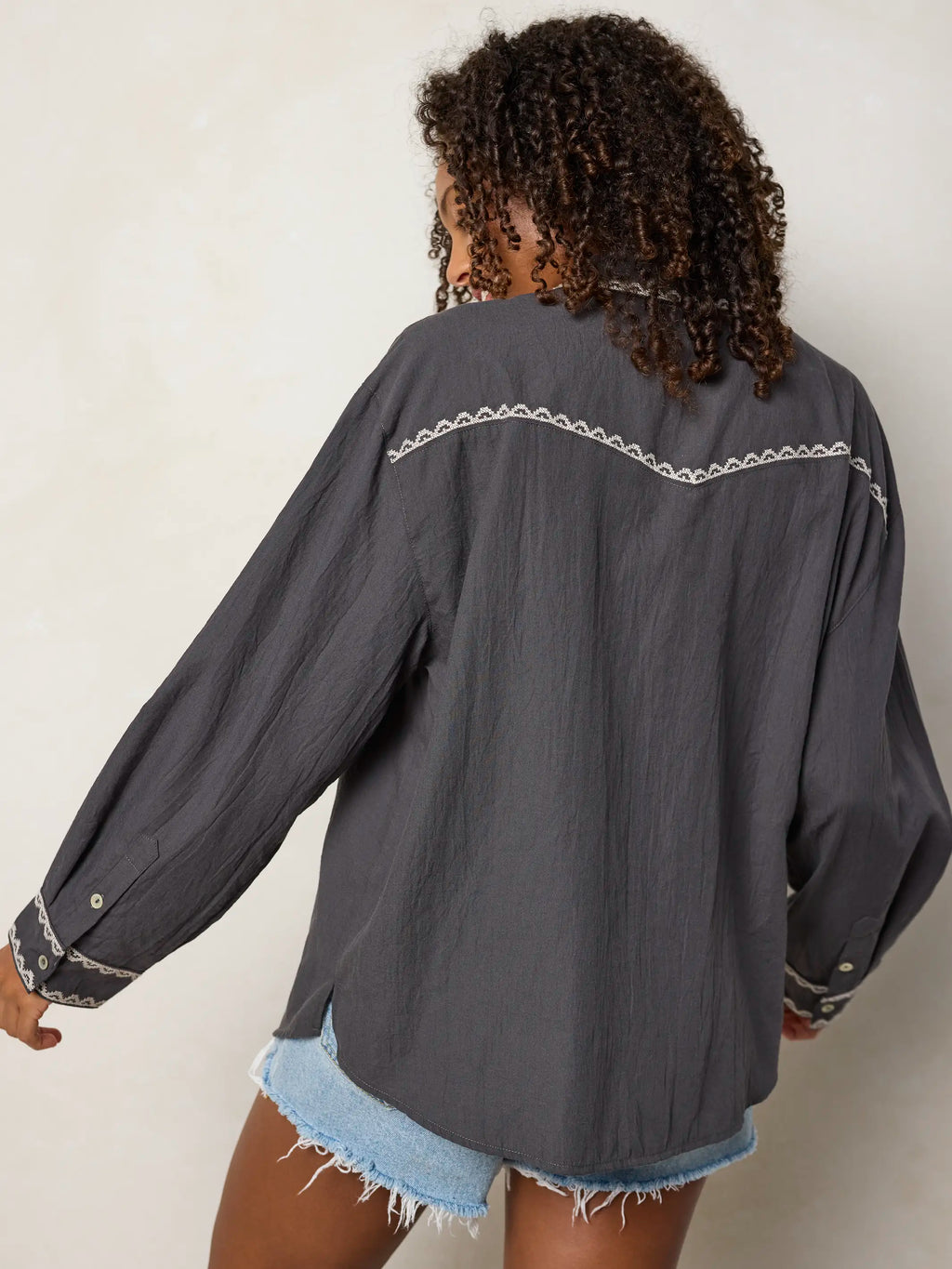 Round Top Embroidered Button Down - Charcoal