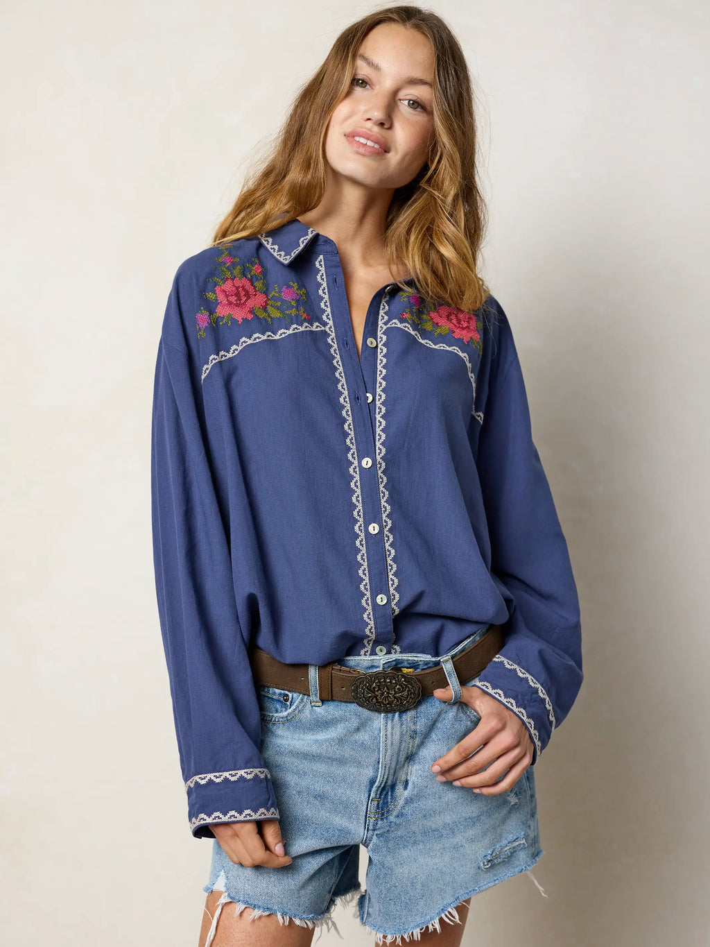 Round Top Embroidered Button Down - Indigo