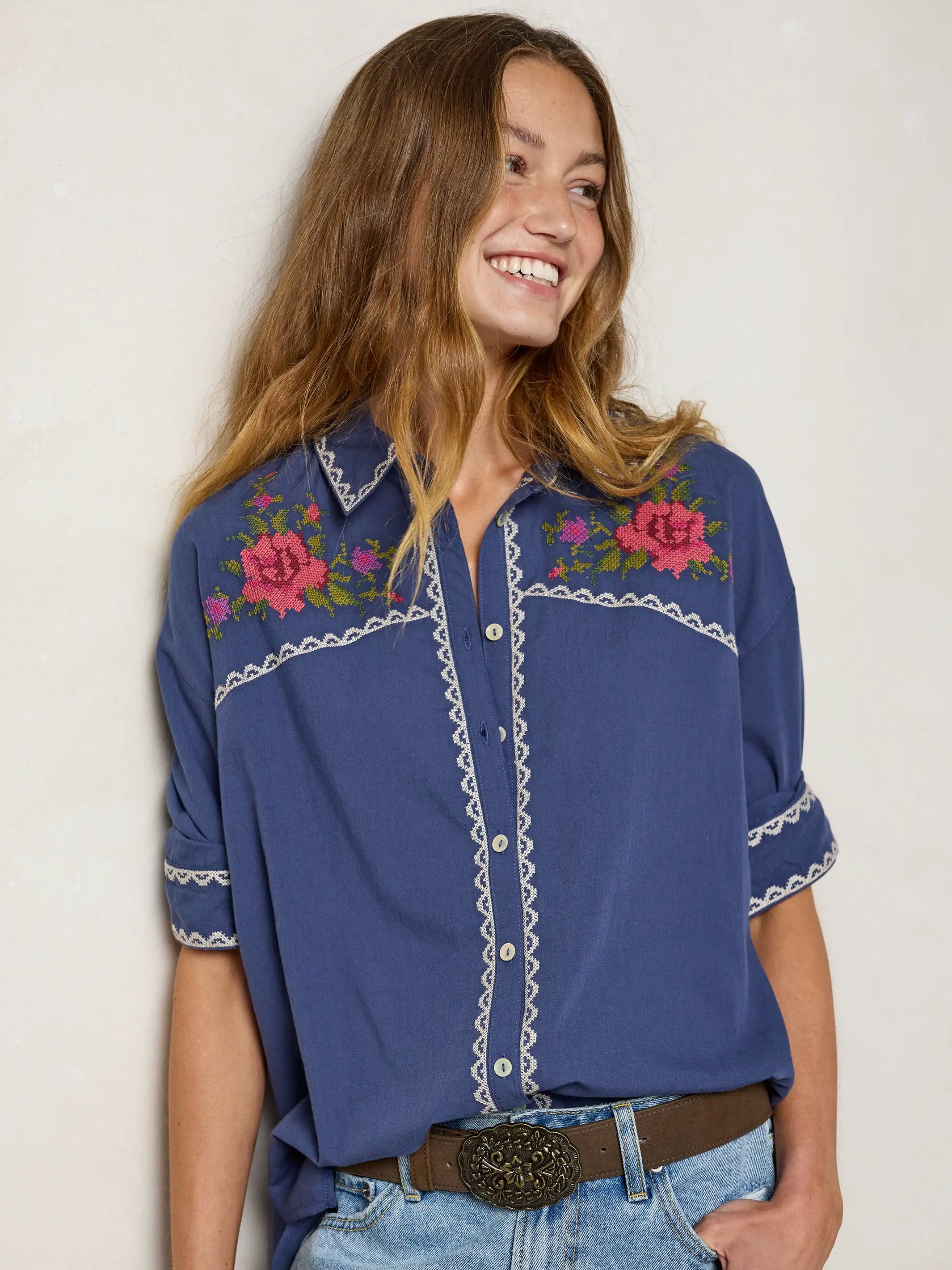 Round Top Embroidered Button Down - Indigo