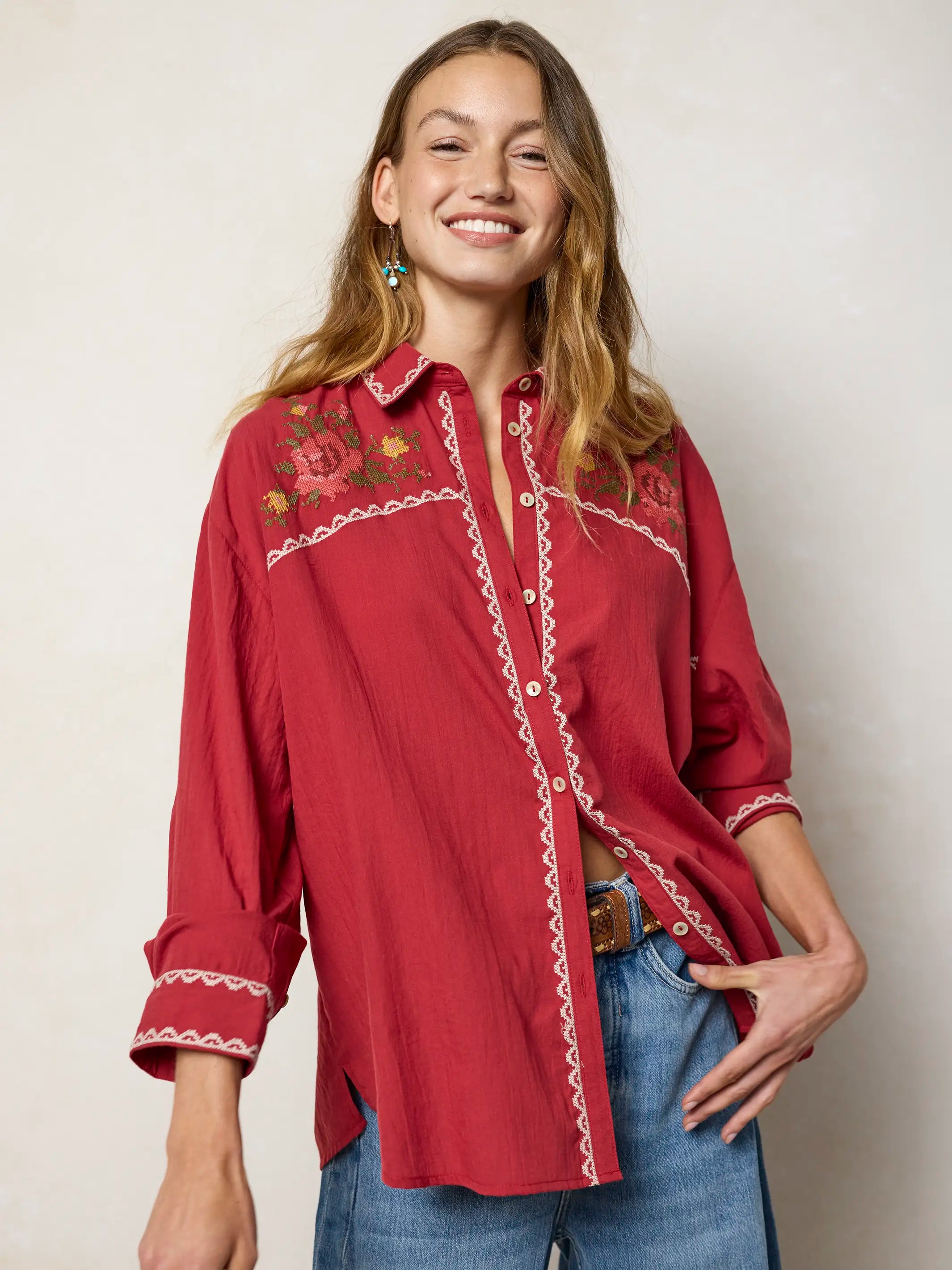 Round Top Embroidered Button Down - Red Clay