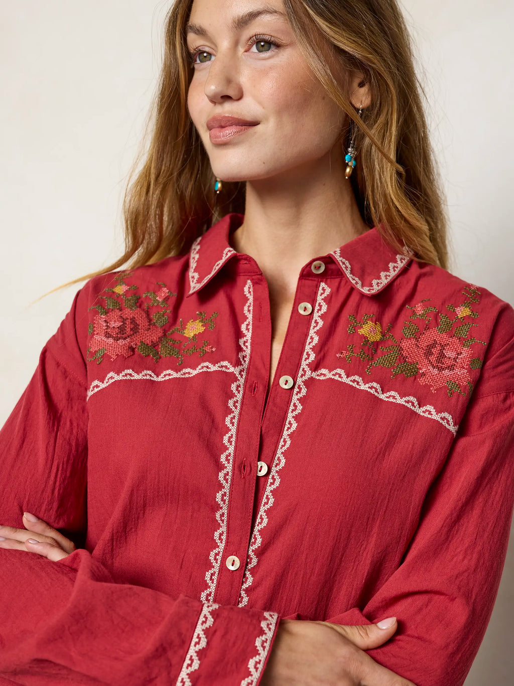 Round Top Embroidered Button Down - Red Clay