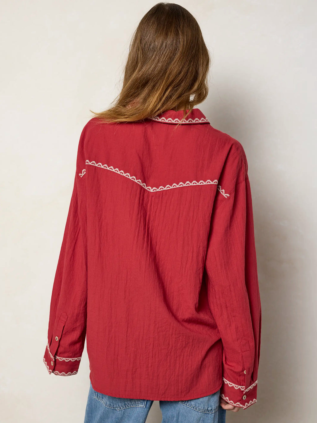 Round Top Embroidered Button Down - Red Clay