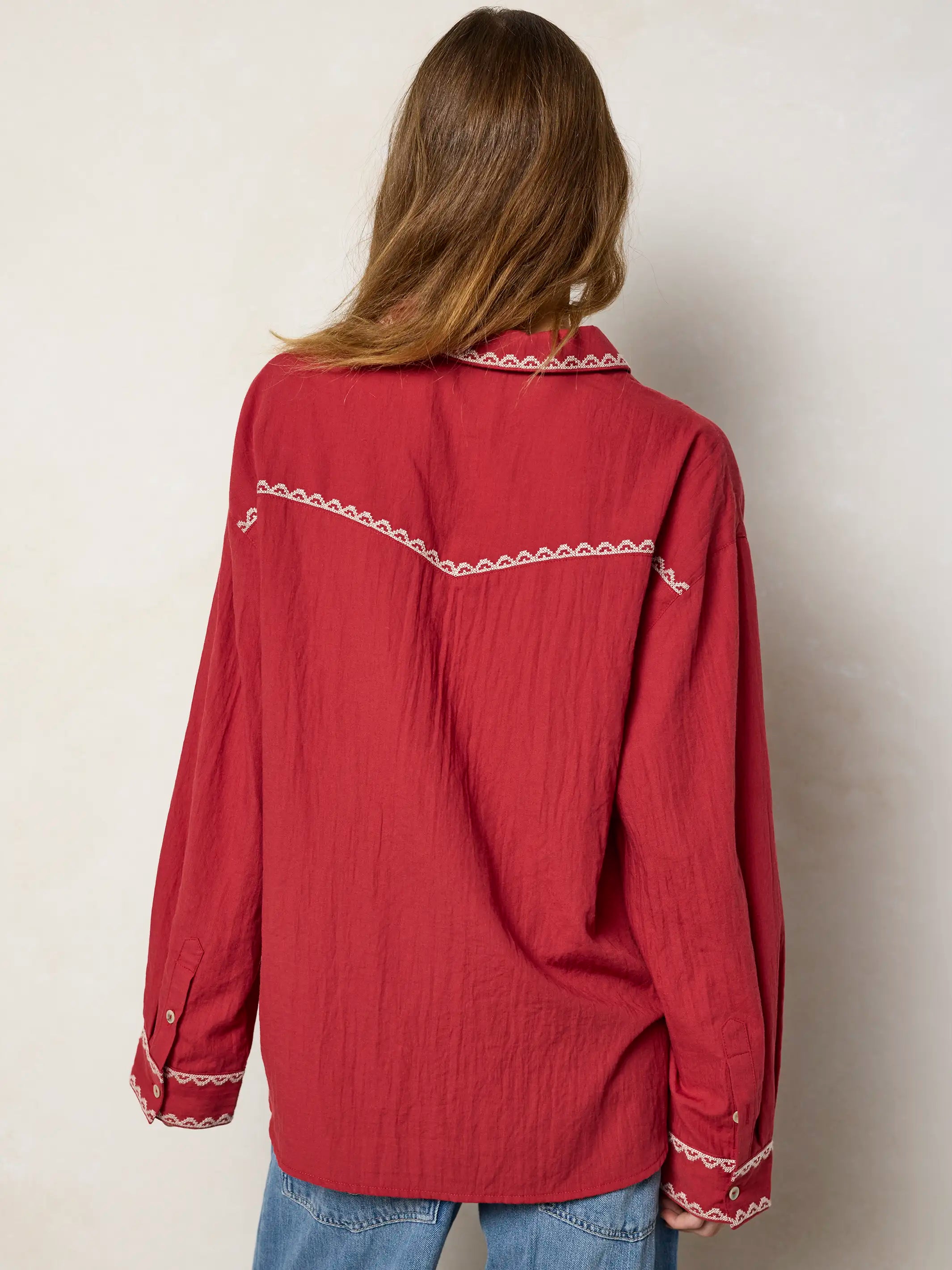 Round Top Embroidered Button Down - Red Clay