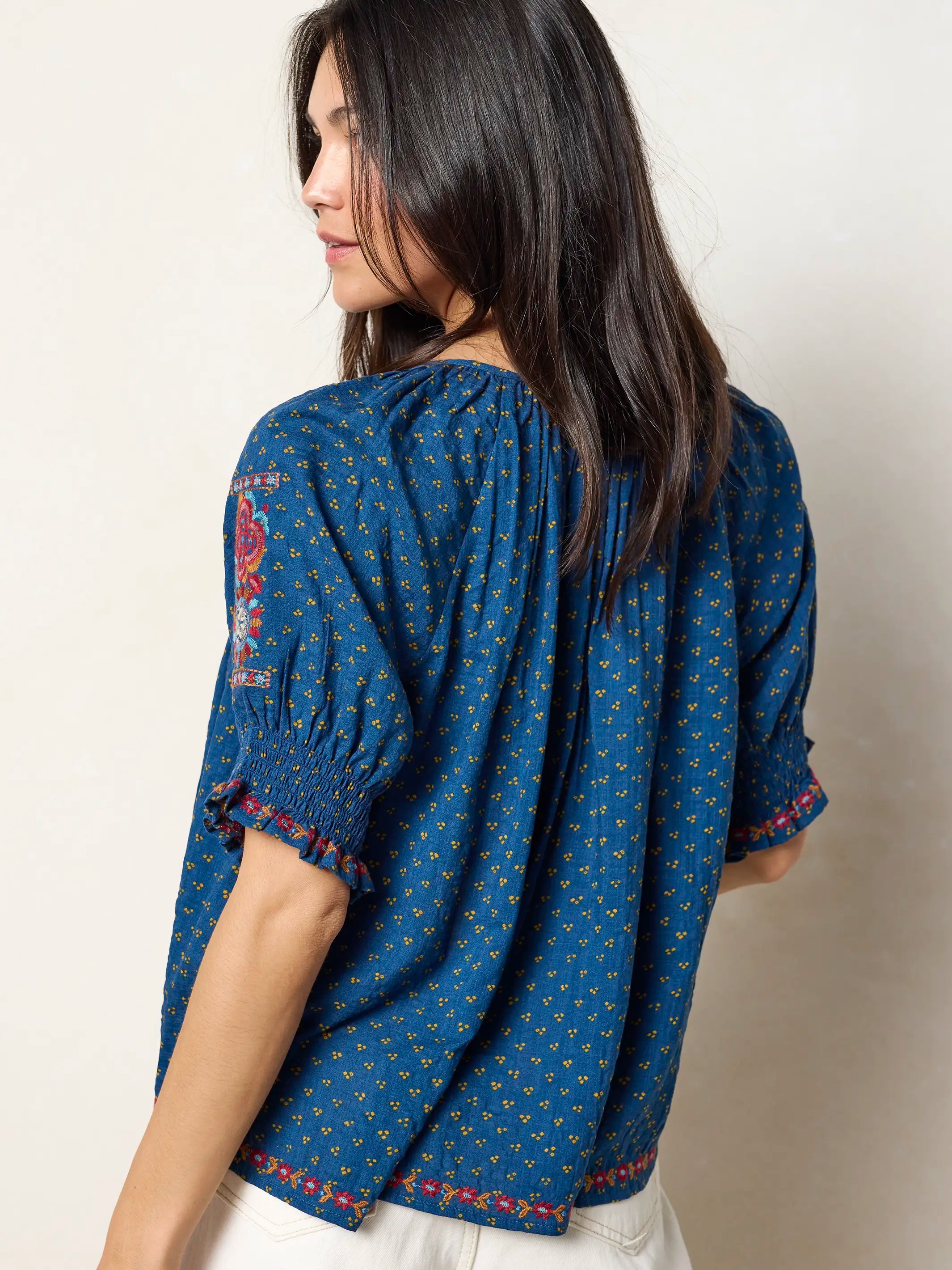 April Embroidered Top - Drawn Dots Navy