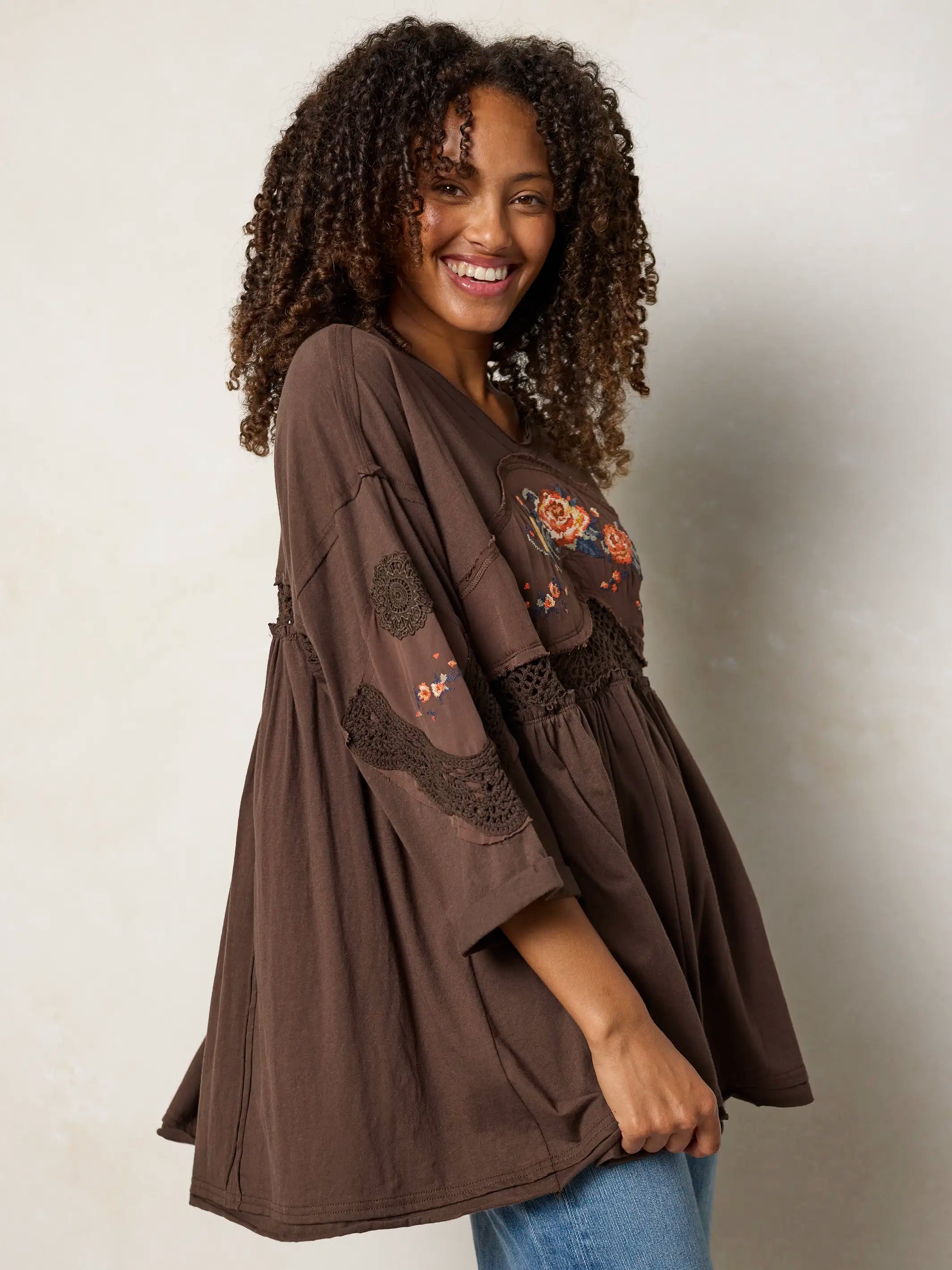 Secret Garden Embroidered Cotton Tunic - Brown