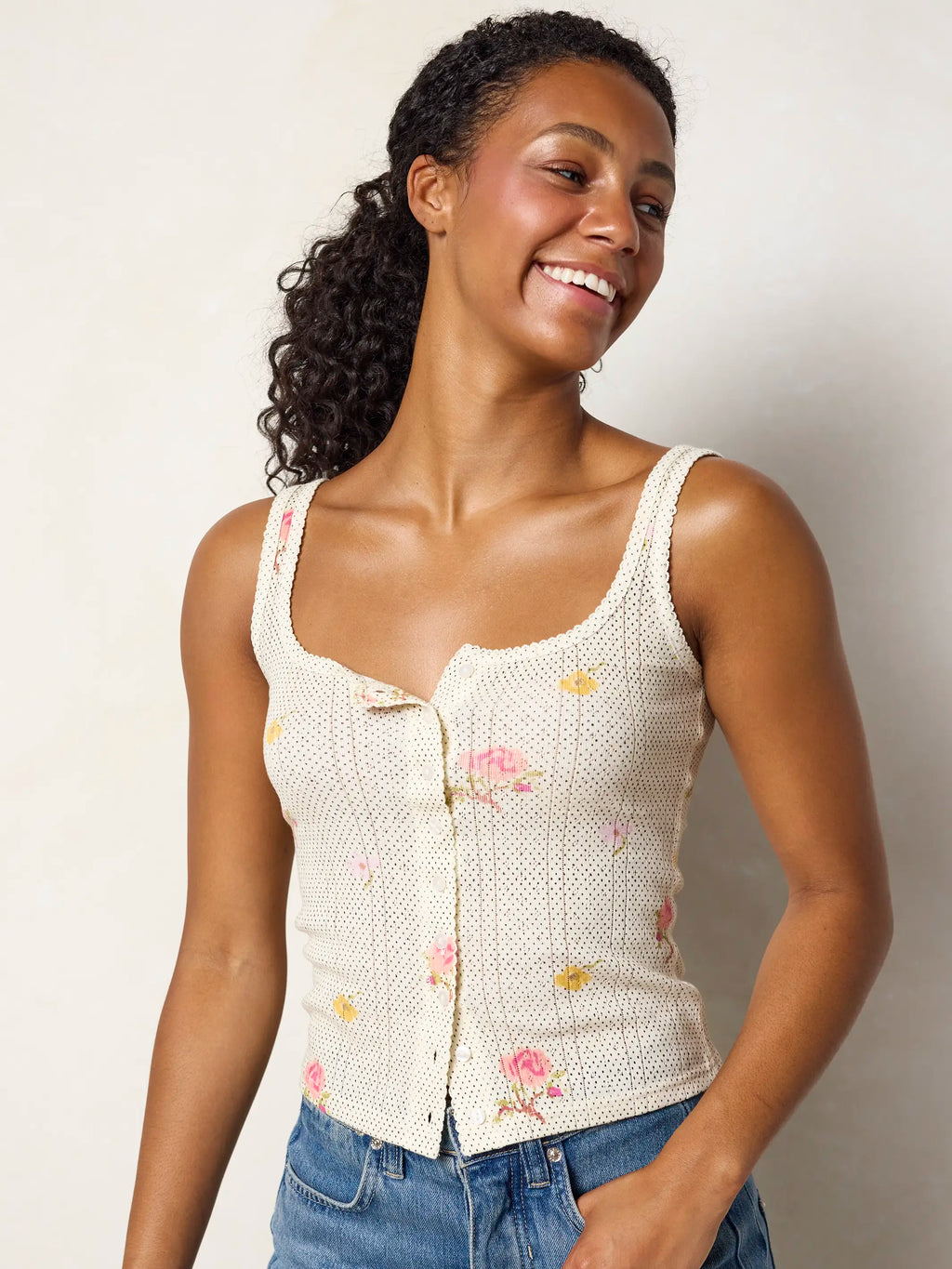 Pretty Pointelle Tank - Pin Dot Prairie Cream
