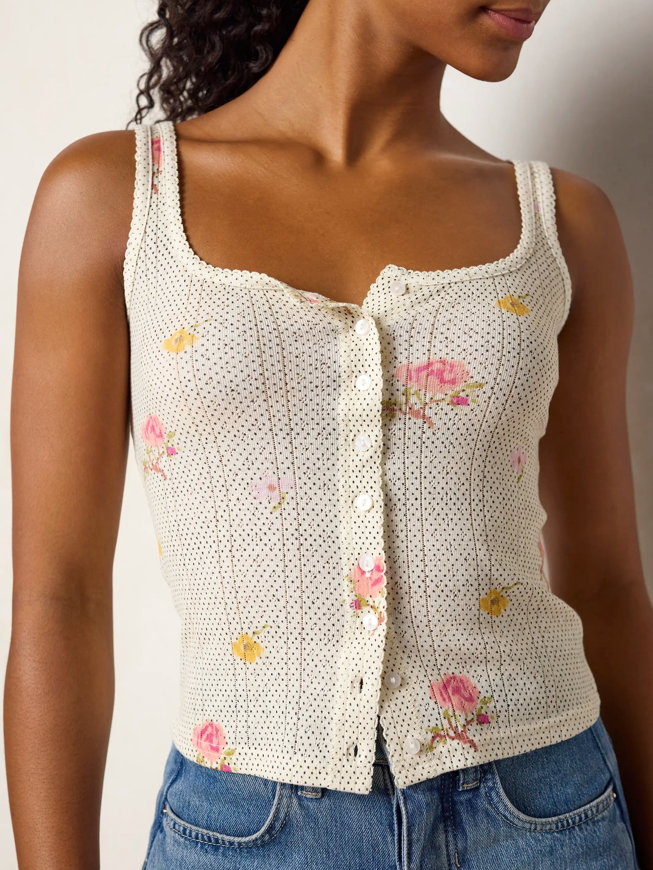 Pretty Pointelle Tank - Pin Dot Prairie Cream
