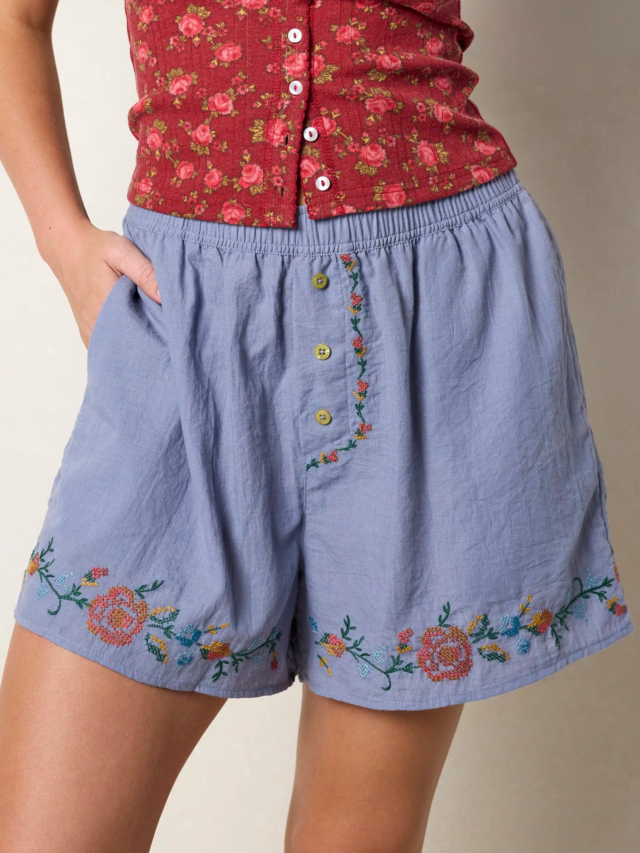 Dream On Embroidered Boxer Shorts - Blue