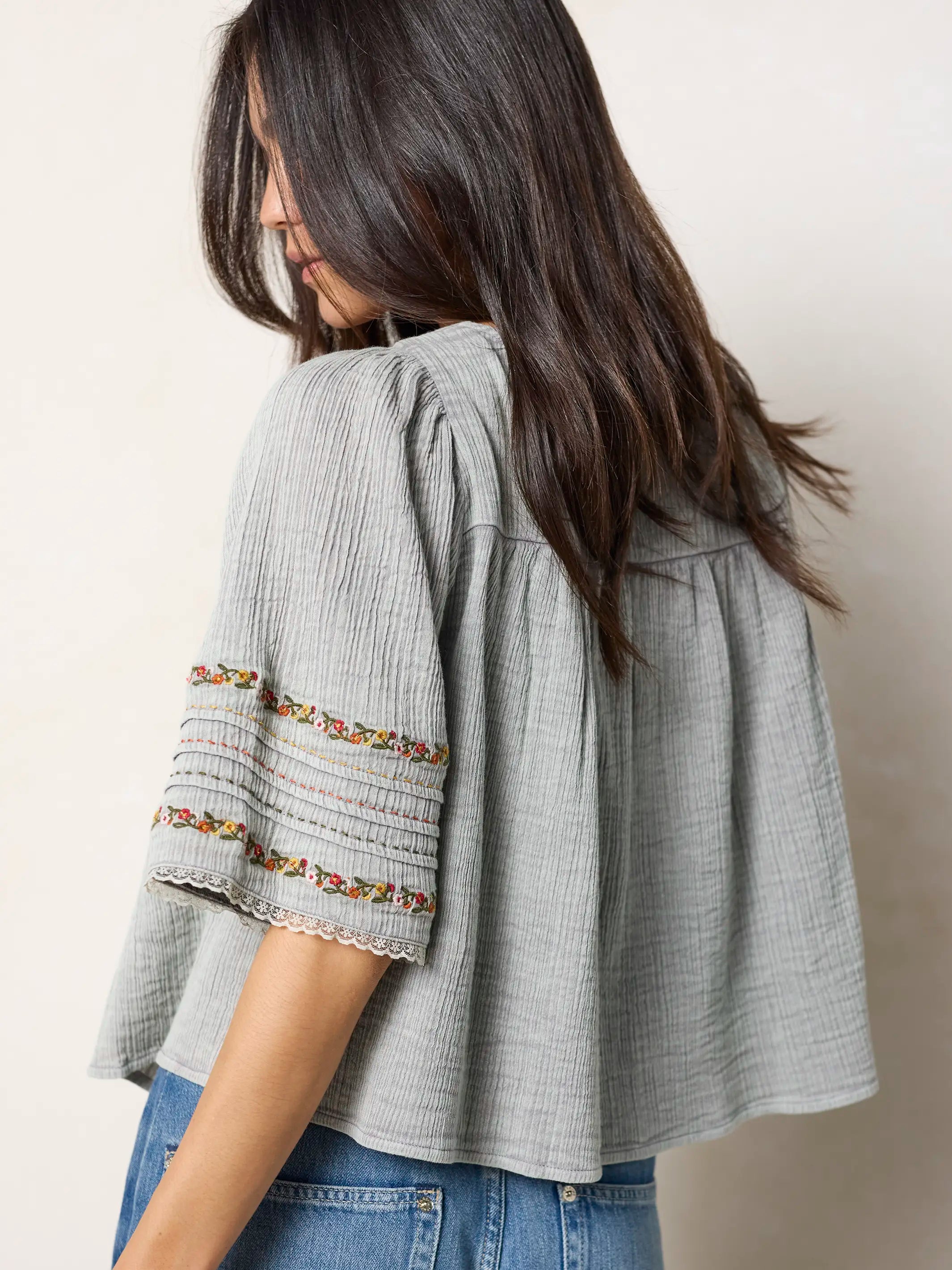 Prettiest Embroidered Cotton Lace Blouse - Light Grey