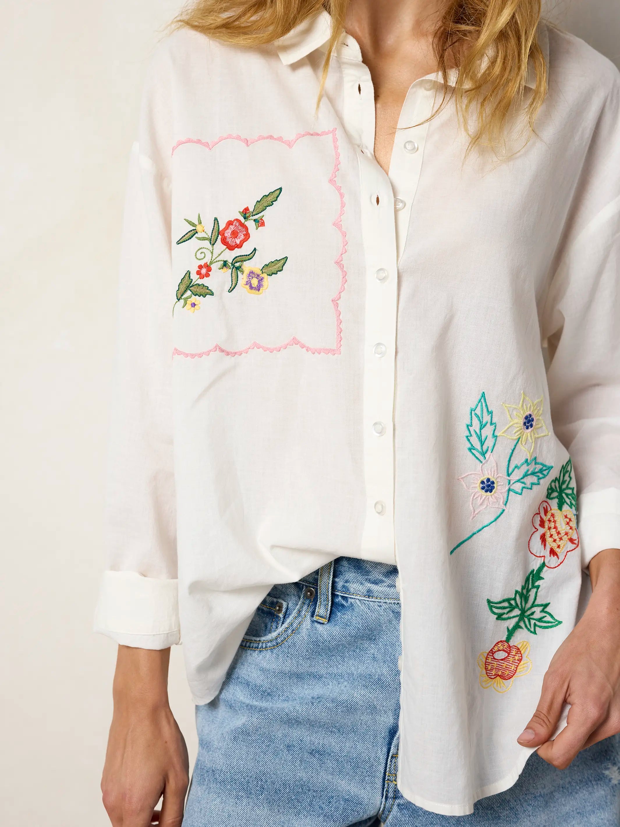 Barcelona Embroidered Cotton Button Down - White Handkerchief