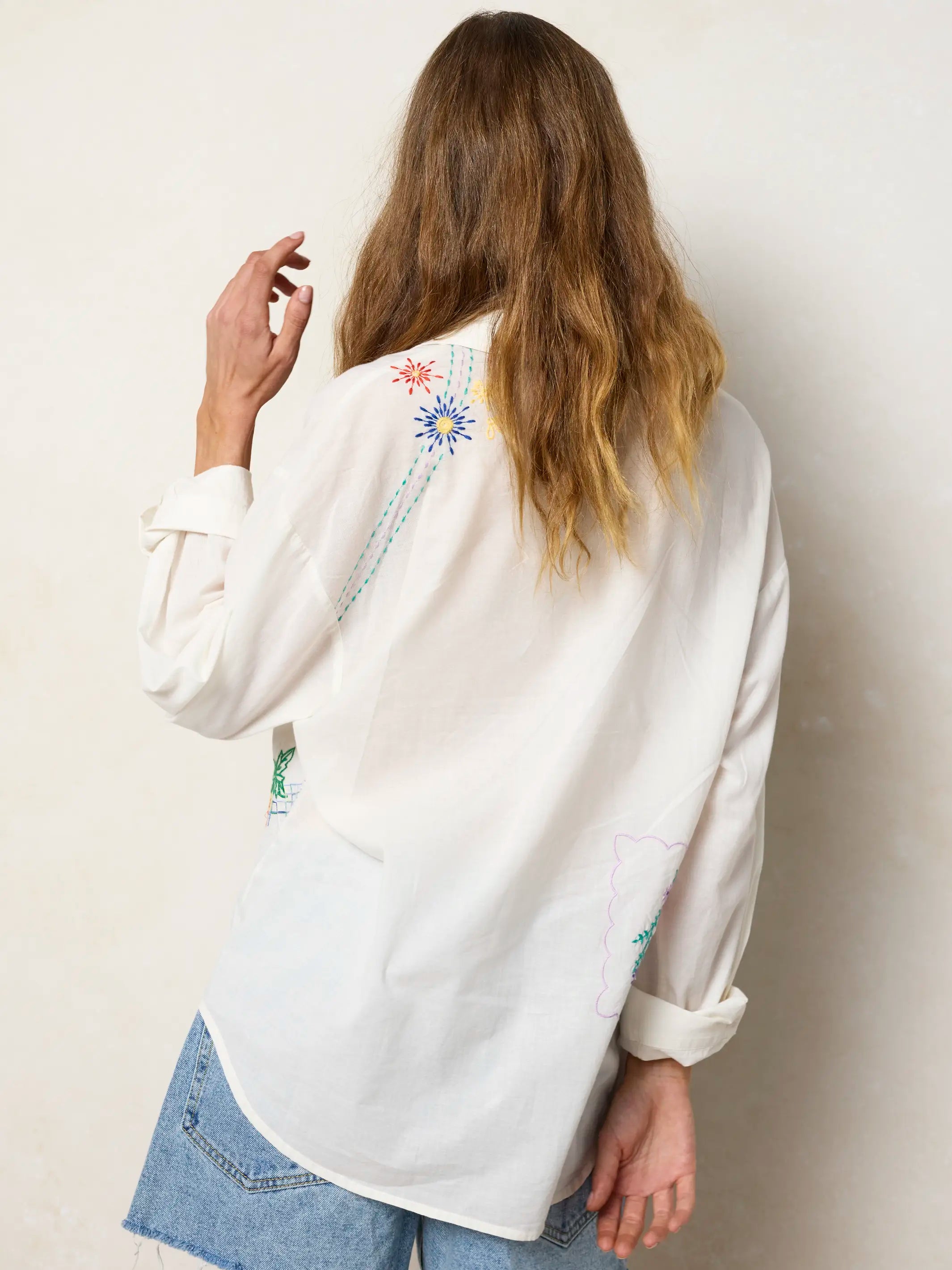 Barcelona Embroidered Cotton Button Down - White Handkerchief