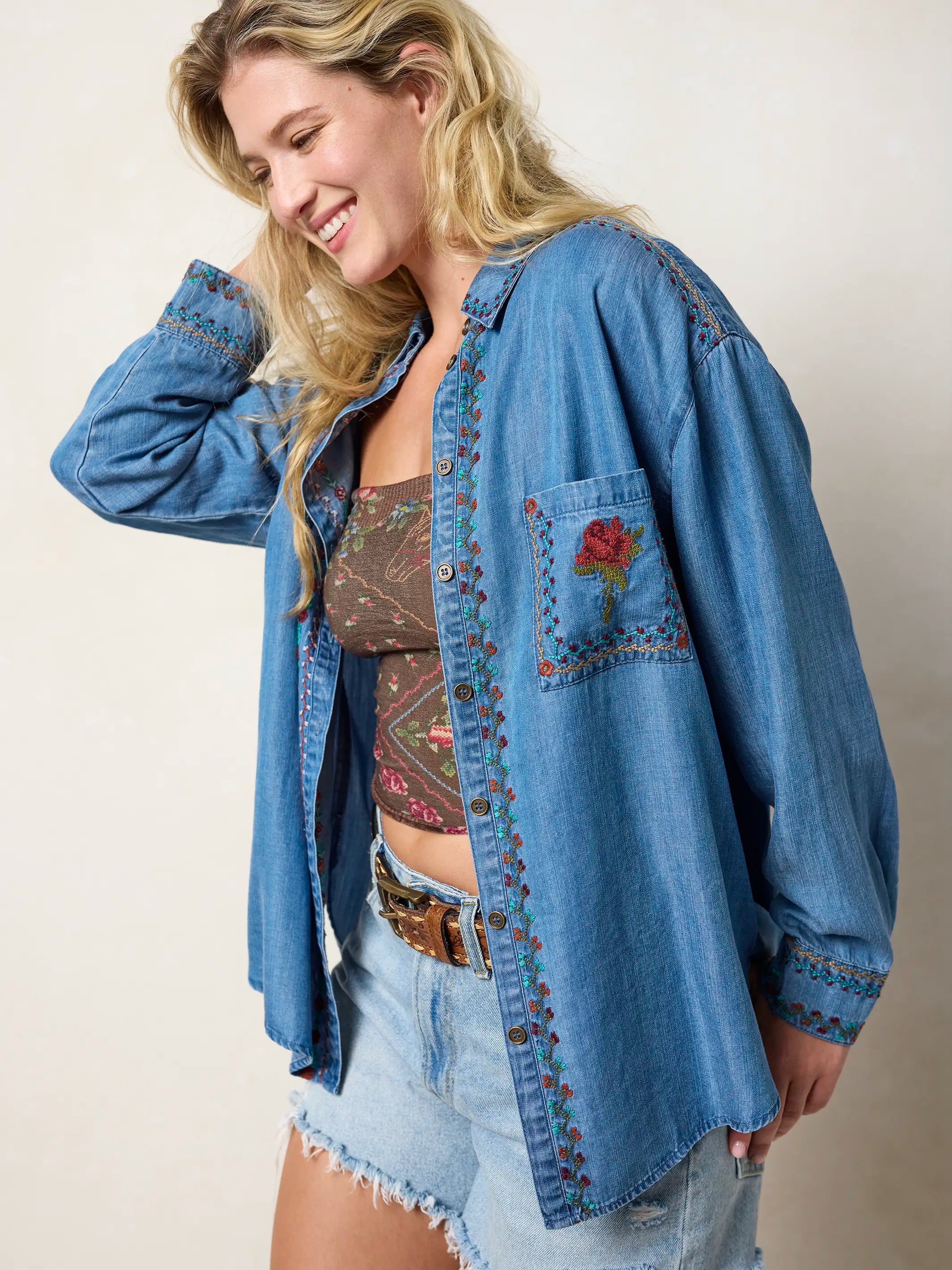 Dutton Embroidered Button Down - Denim