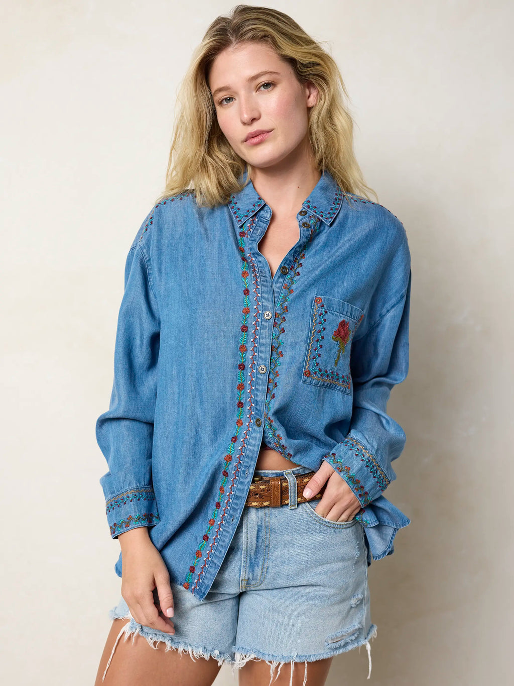 Dutton Embroidered Button Down - Denim