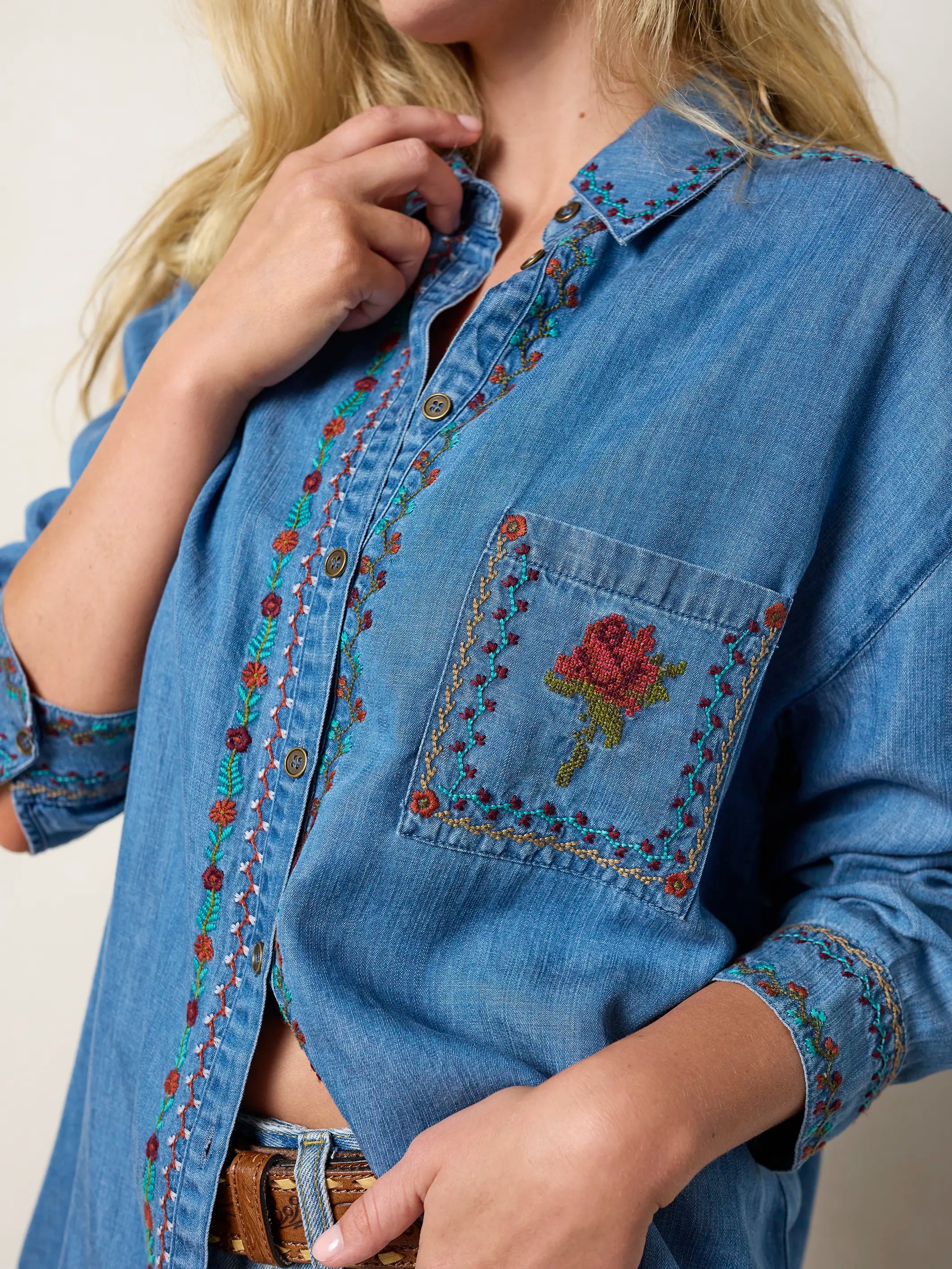 Dutton Embroidered Button Down - Denim