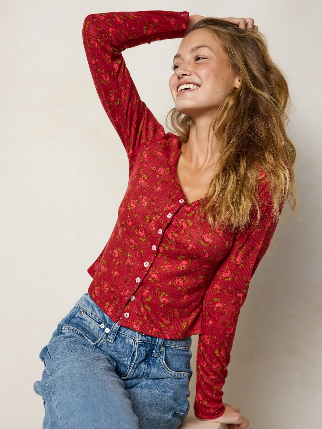 Pretty Pointelle Long Sleeve Top - Porto Ditsy Red