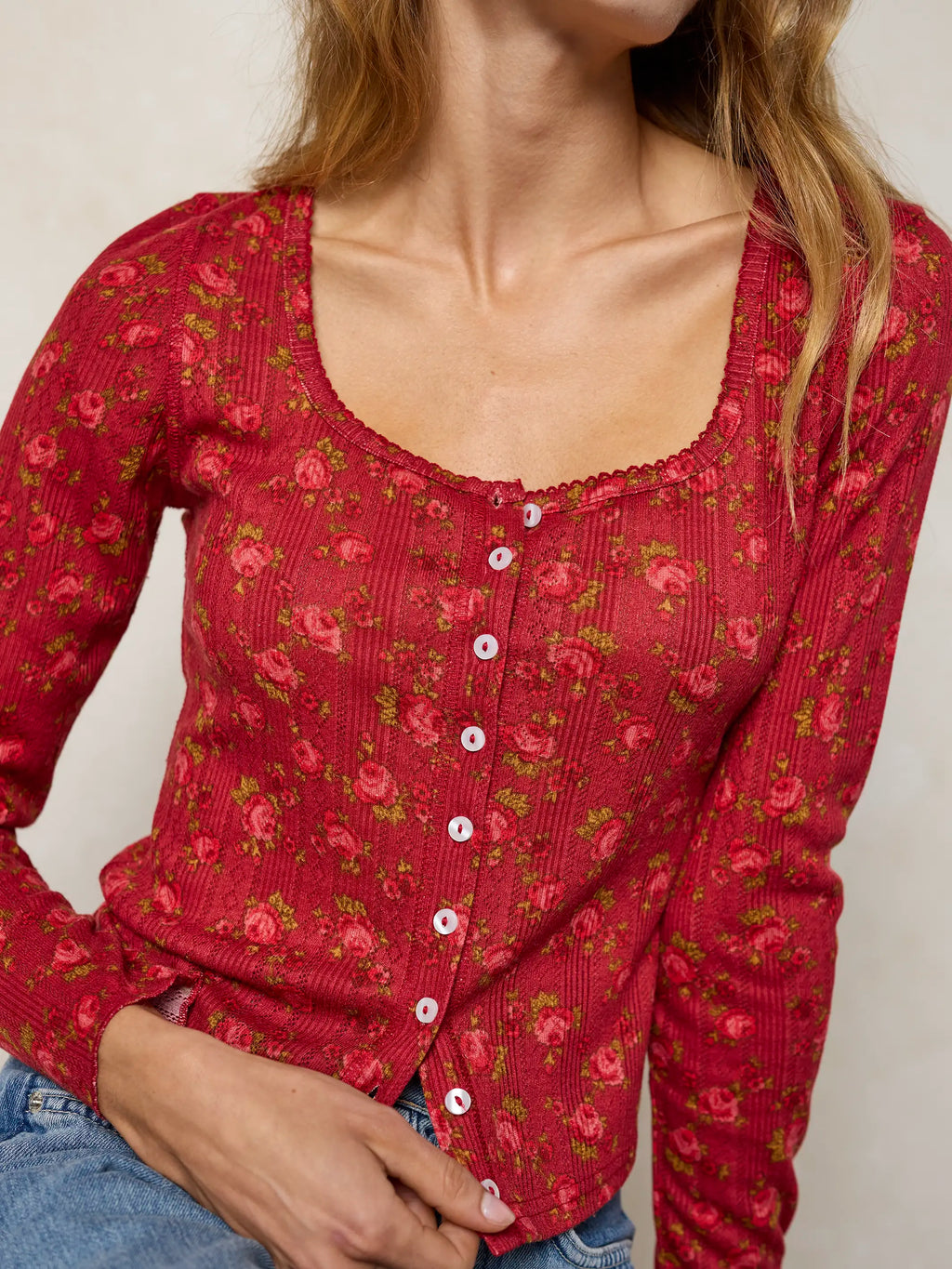 Pretty Pointelle Long Sleeve Top - Porto Ditsy Red