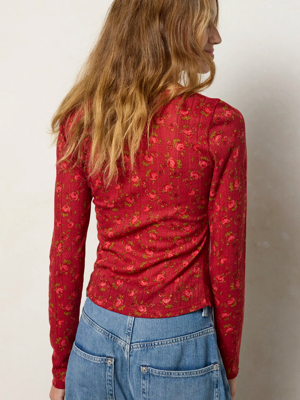 Pretty Pointelle Long Sleeve Top - Porto Ditsy Red