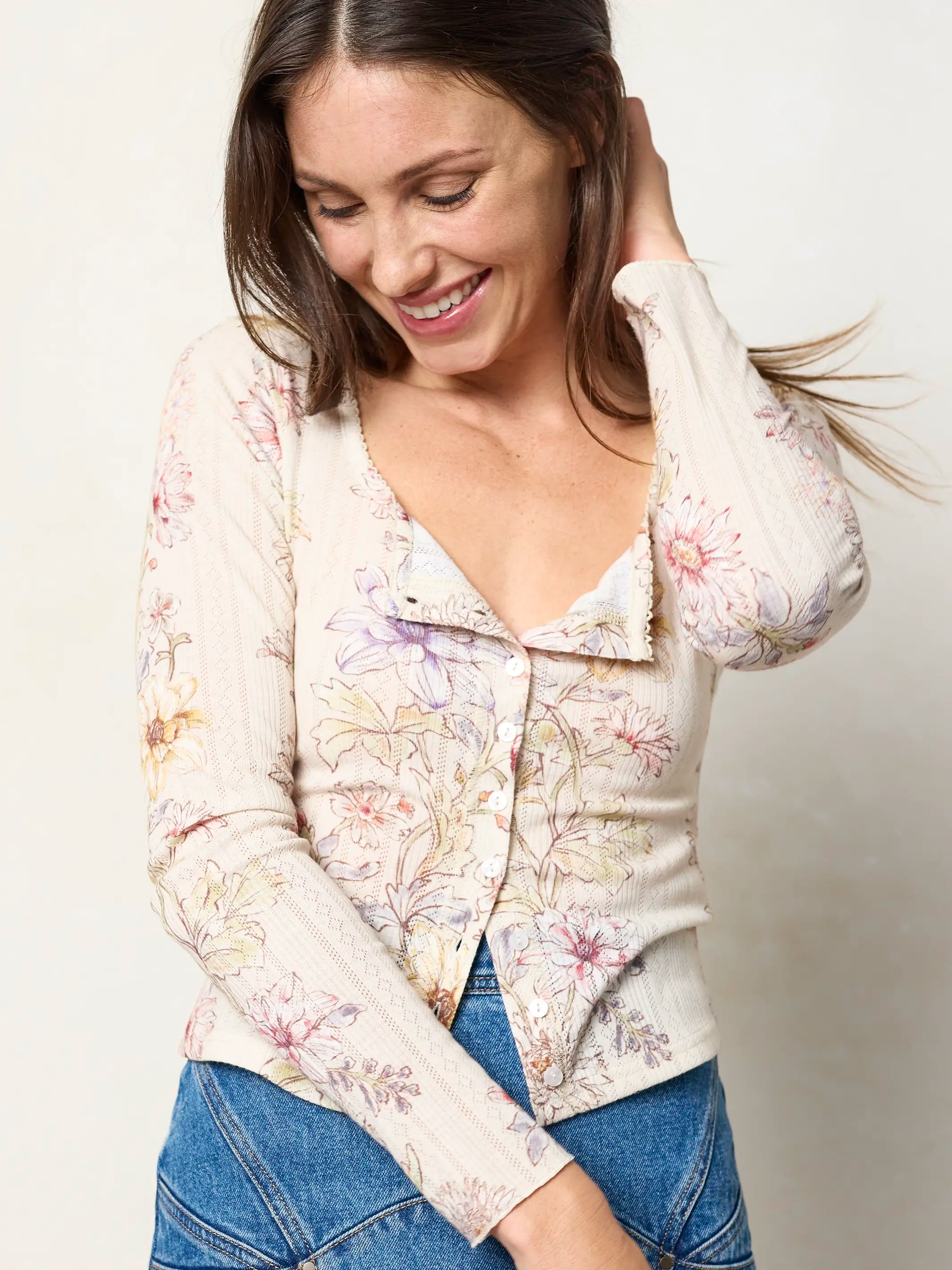 Pretty Pointelle Long Sleeve Top - Ivory Dahlia Rows