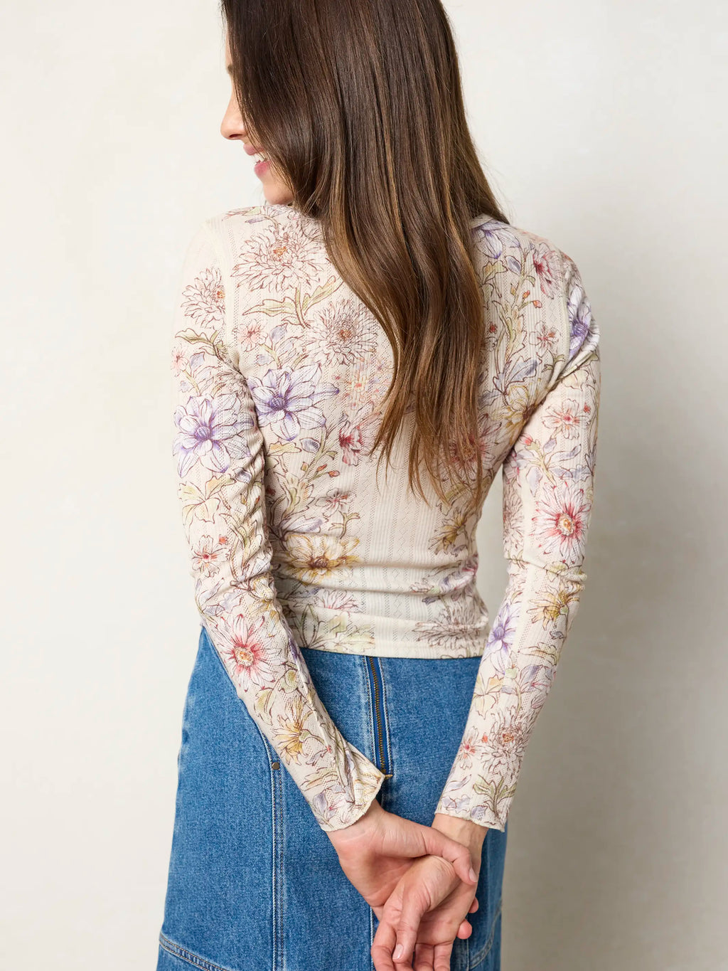 Pretty Pointelle Long Sleeve Top - Ivory Dahlia Rows