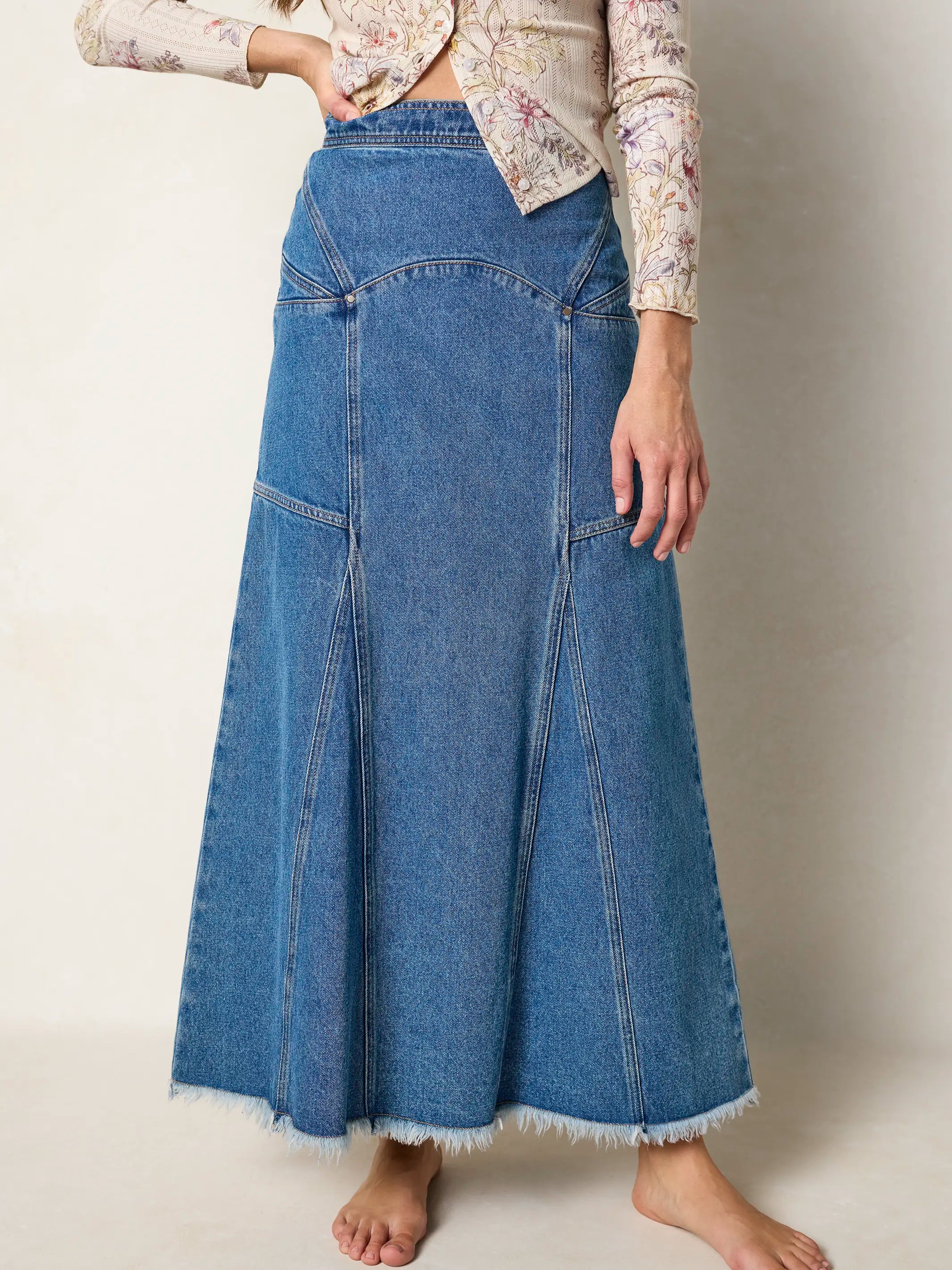 Fitted Cotton Denim Maxi Skirt - Medium Wash