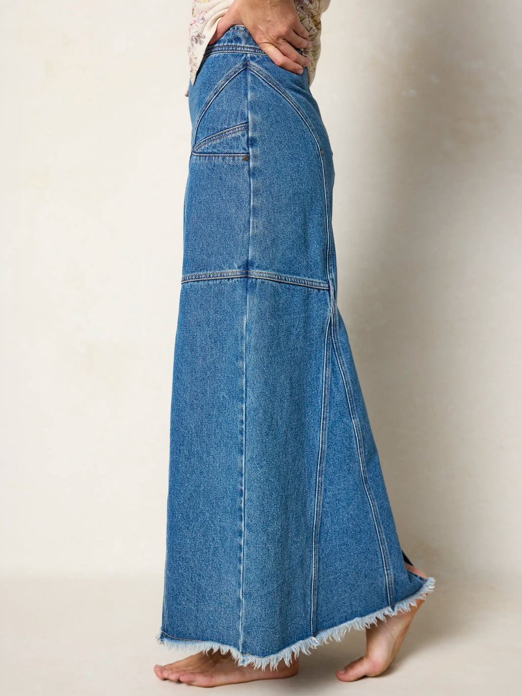 Fitted Cotton Denim Maxi Skirt - Medium Wash