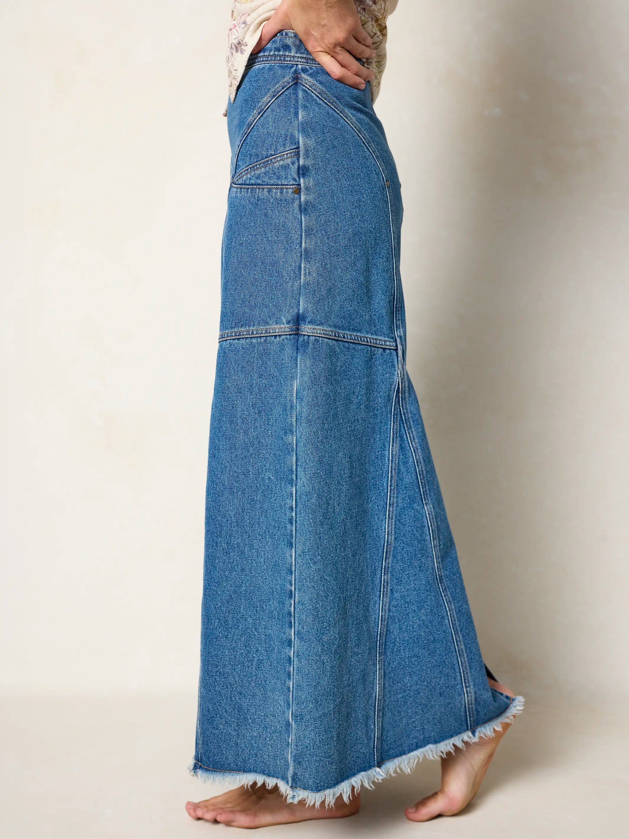 Fitted Cotton Denim Maxi Skirt - Medium Wash