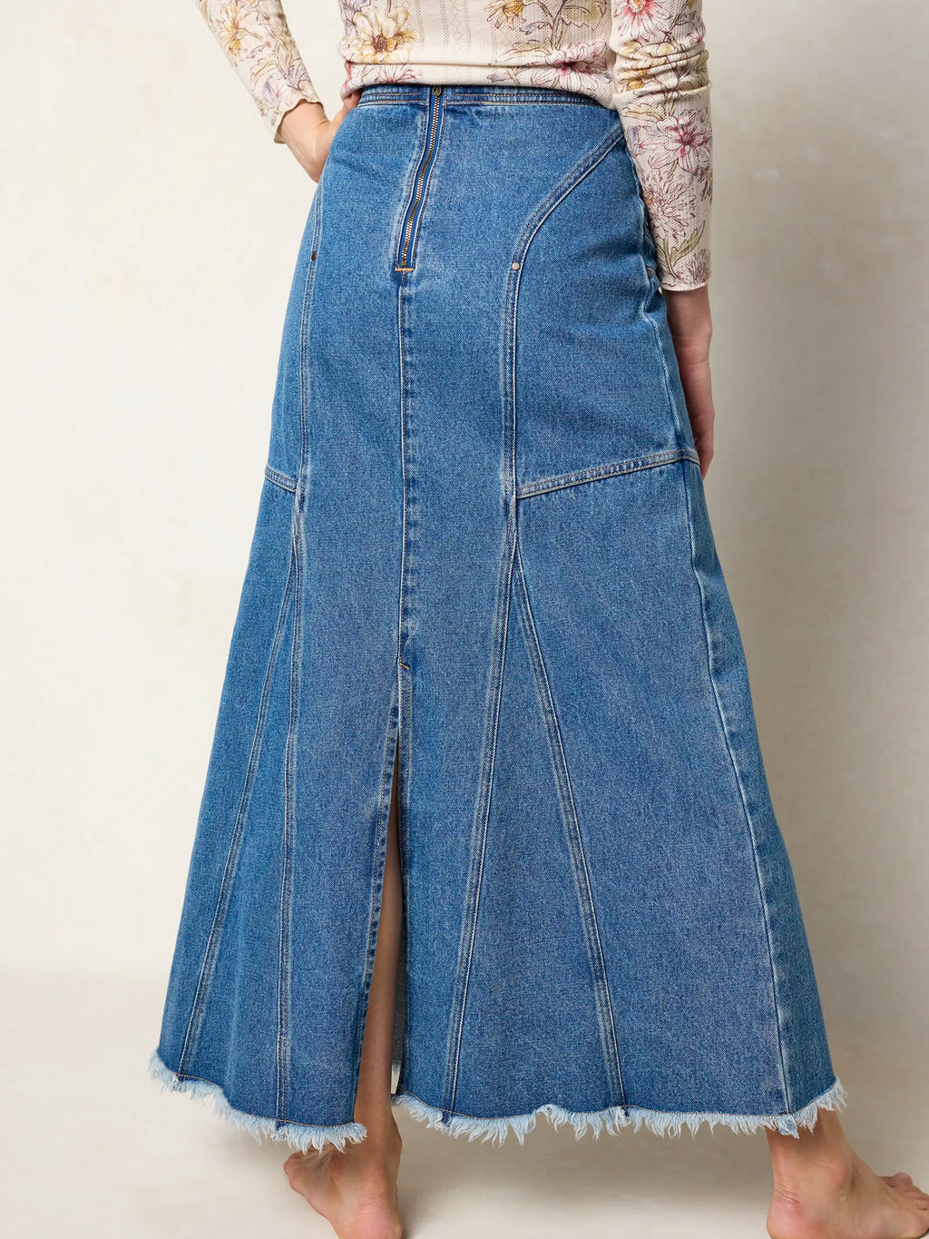 Fitted Cotton Denim Maxi Skirt - Medium Wash
