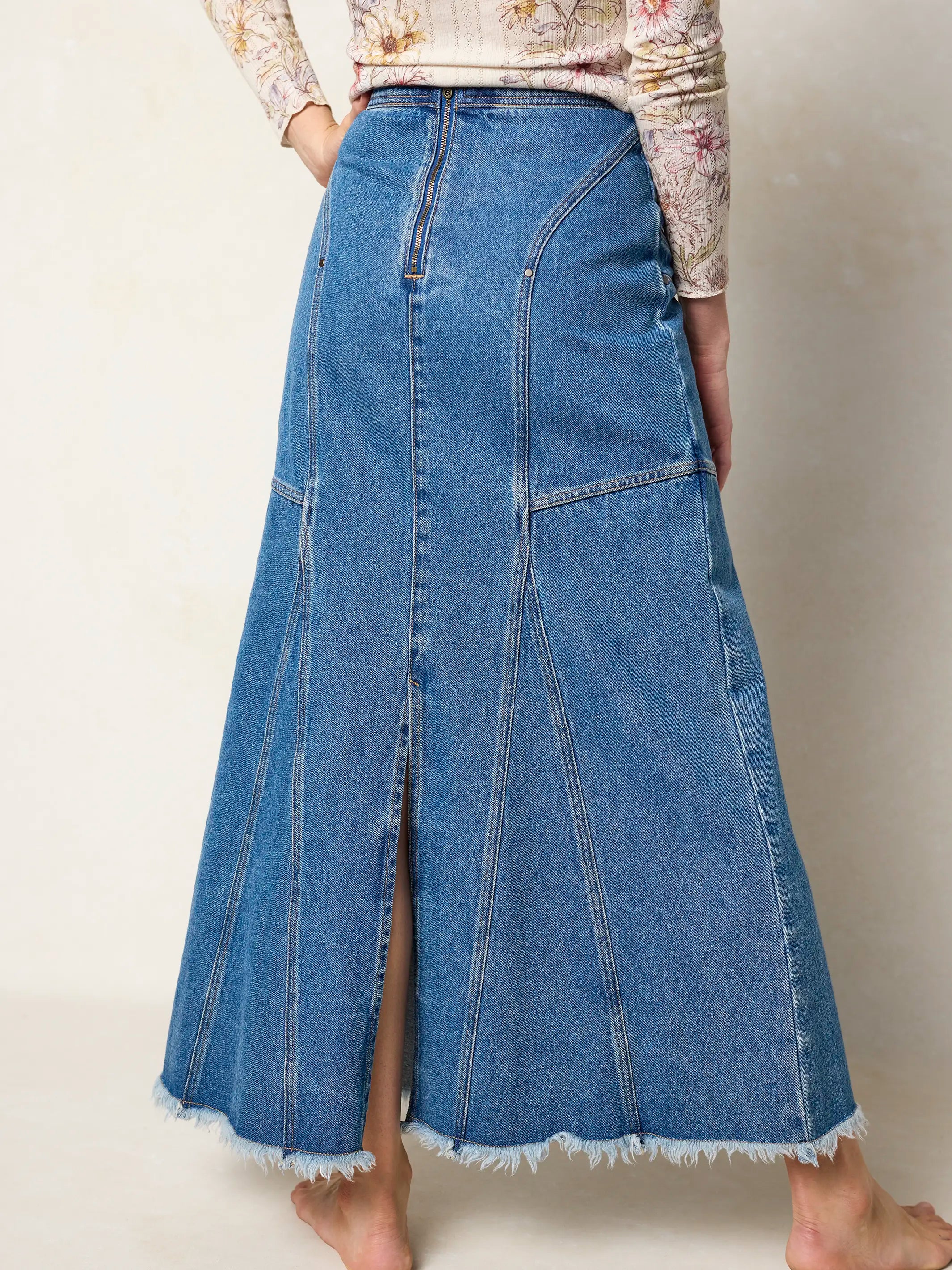 Fitted Cotton Denim Maxi Skirt - Medium Wash