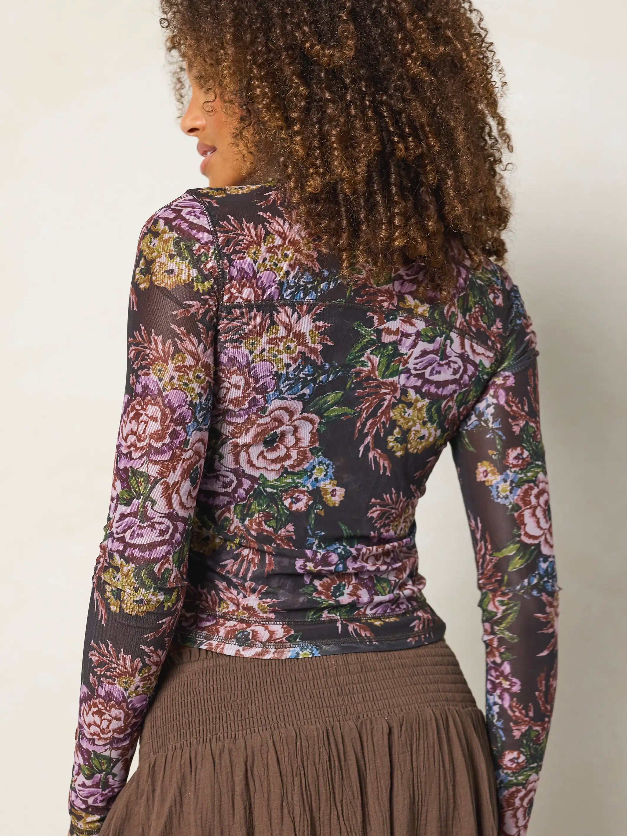 Sloane Mesh Long Sleeve Top - Brooklyn Bouquets Charcoal