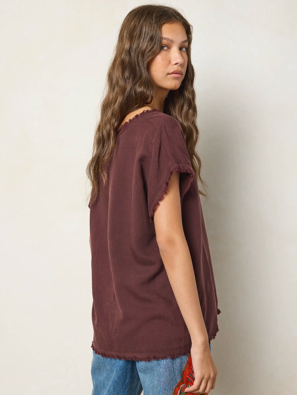 Raw Edge V-Neck Top - Brown