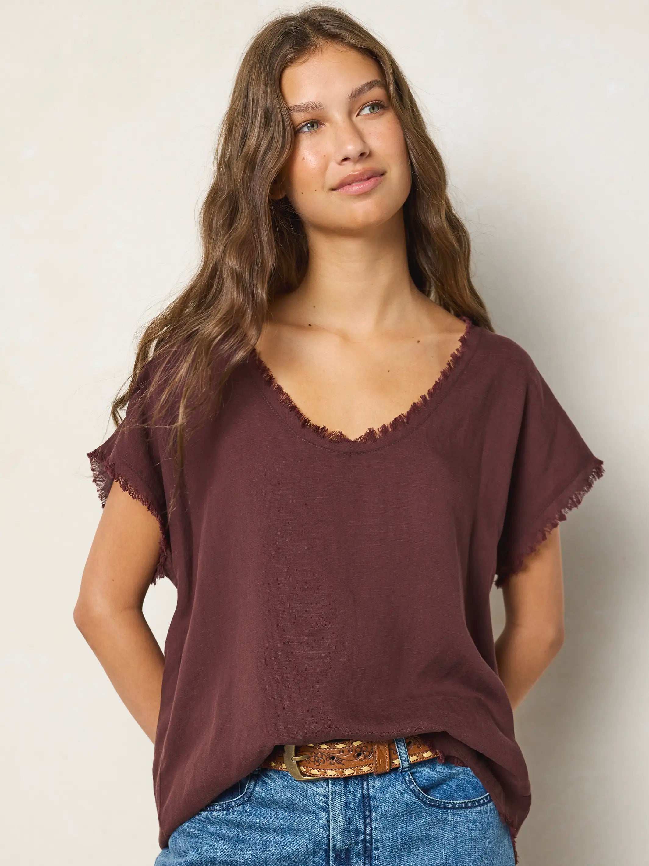 Raw Edge V-Neck Top - Brown