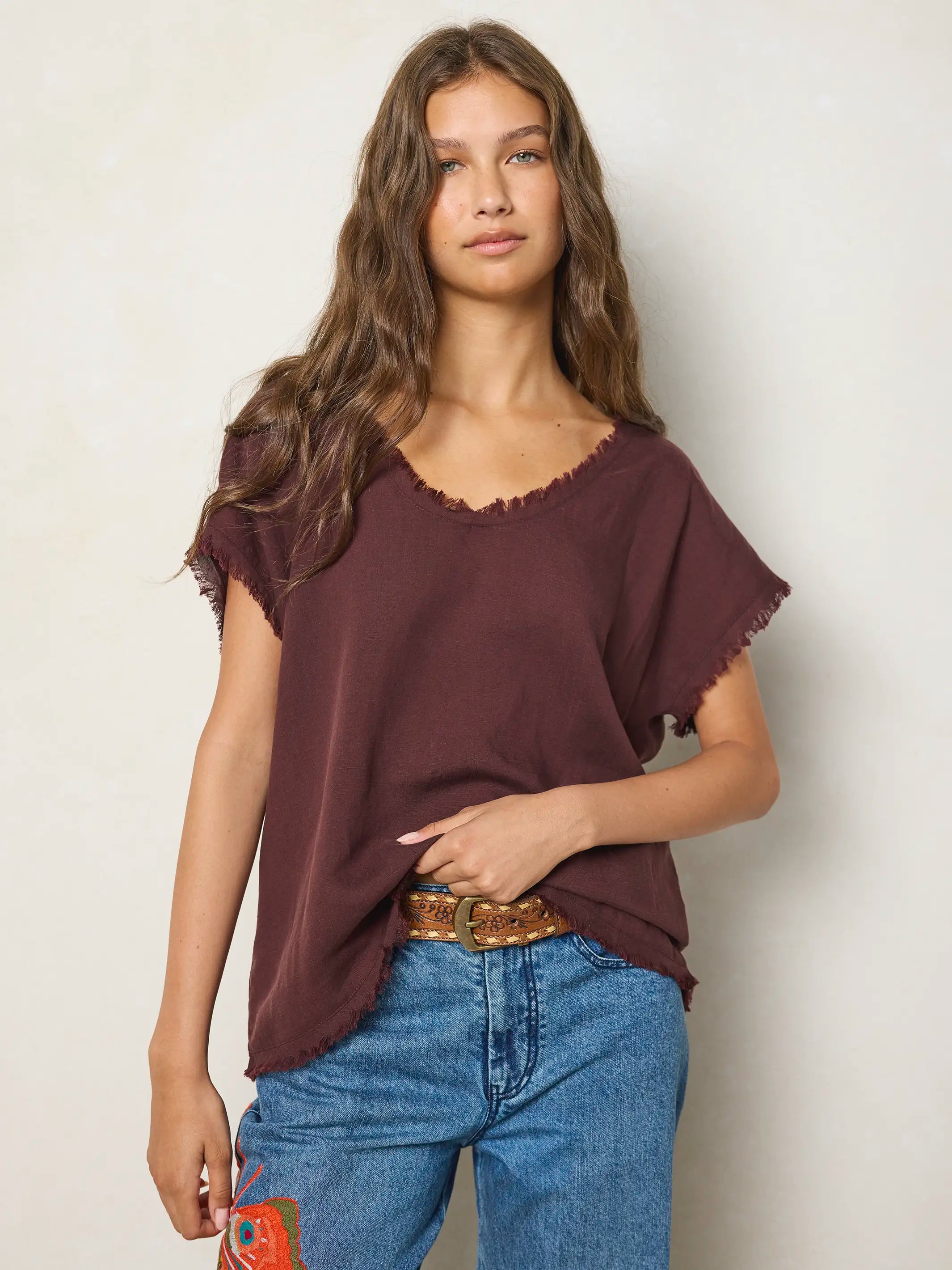 Raw Edge V-Neck Top - Brown