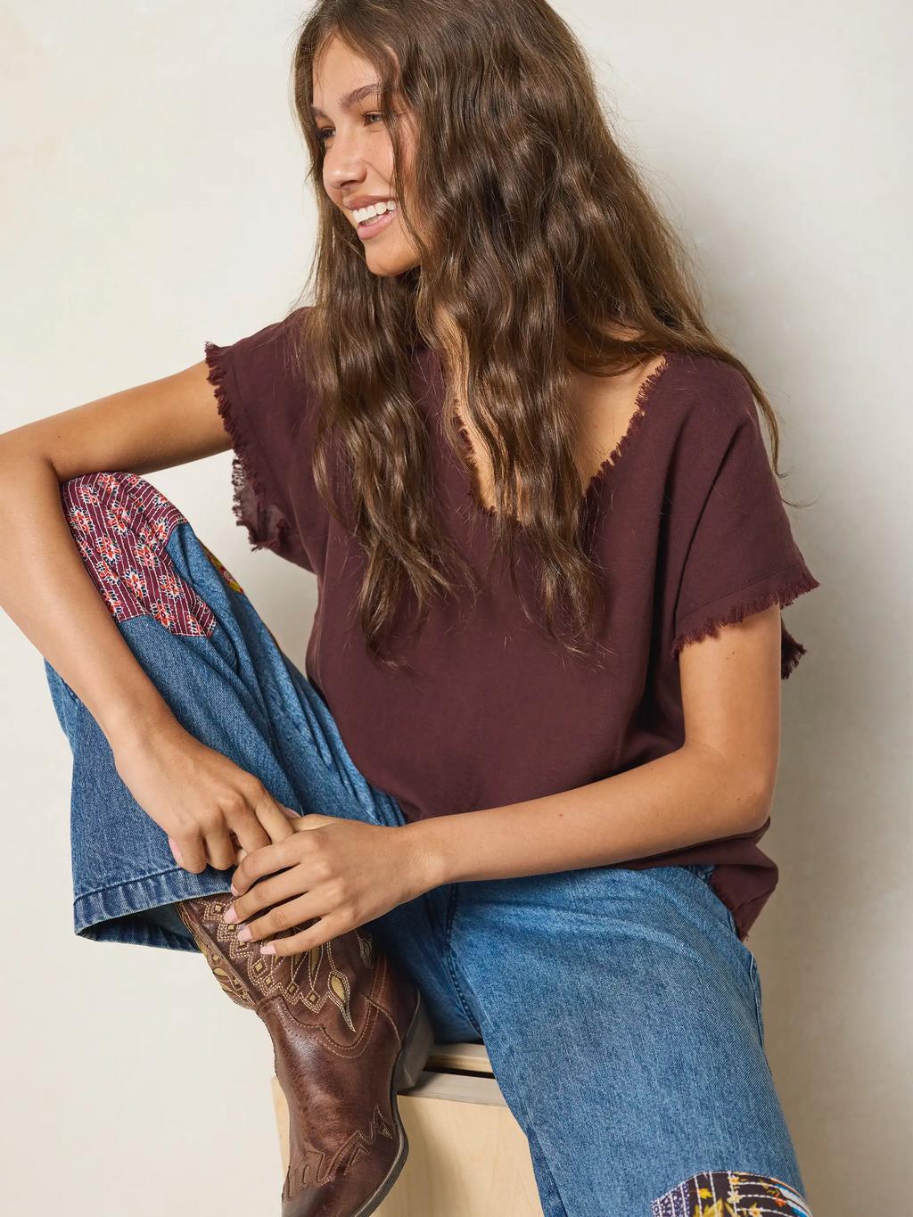 Raw Edge V-Neck Top - Brown