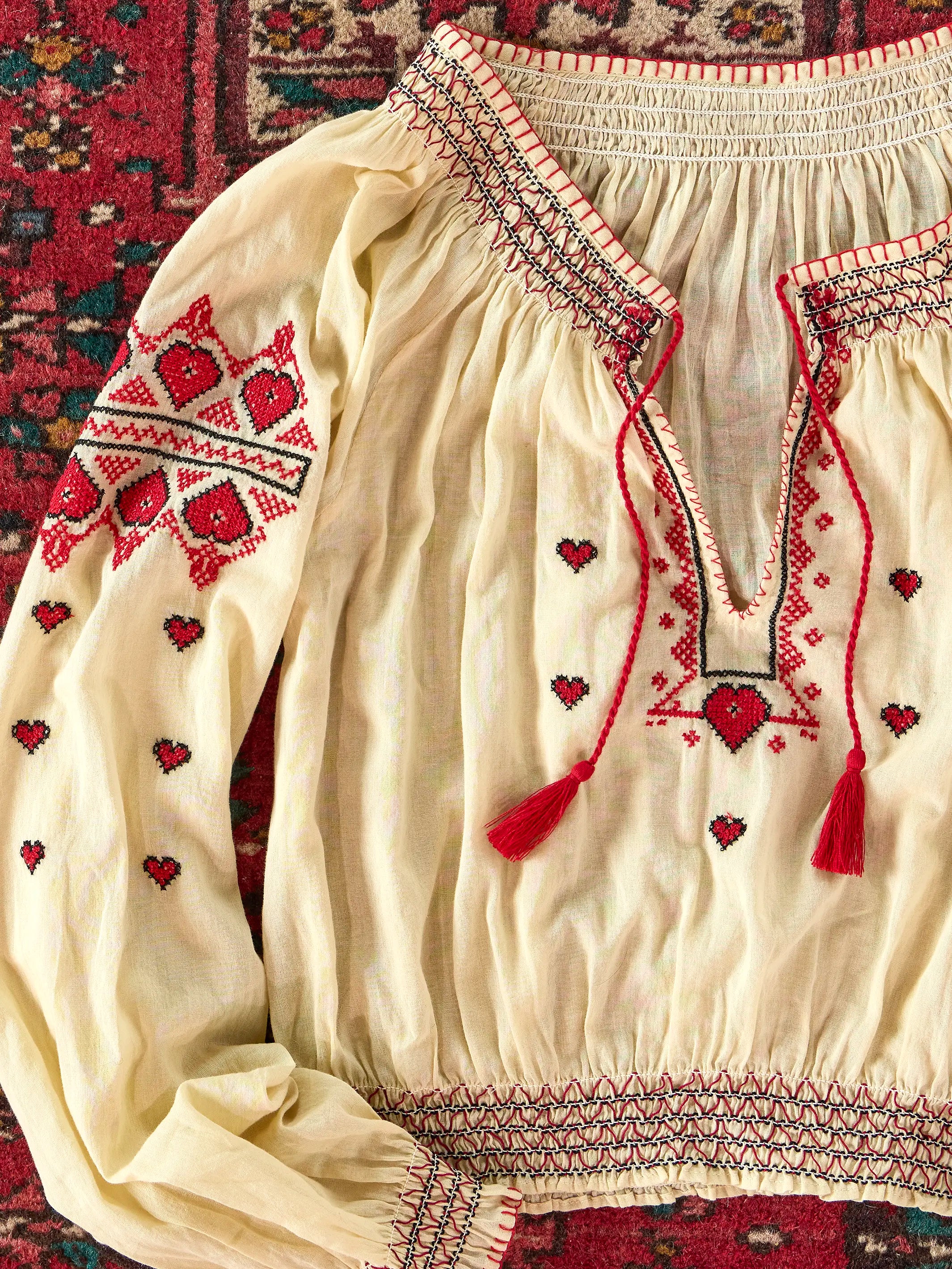 Embroidered Cotton Long Sleeve Peasant Top - Ivory
