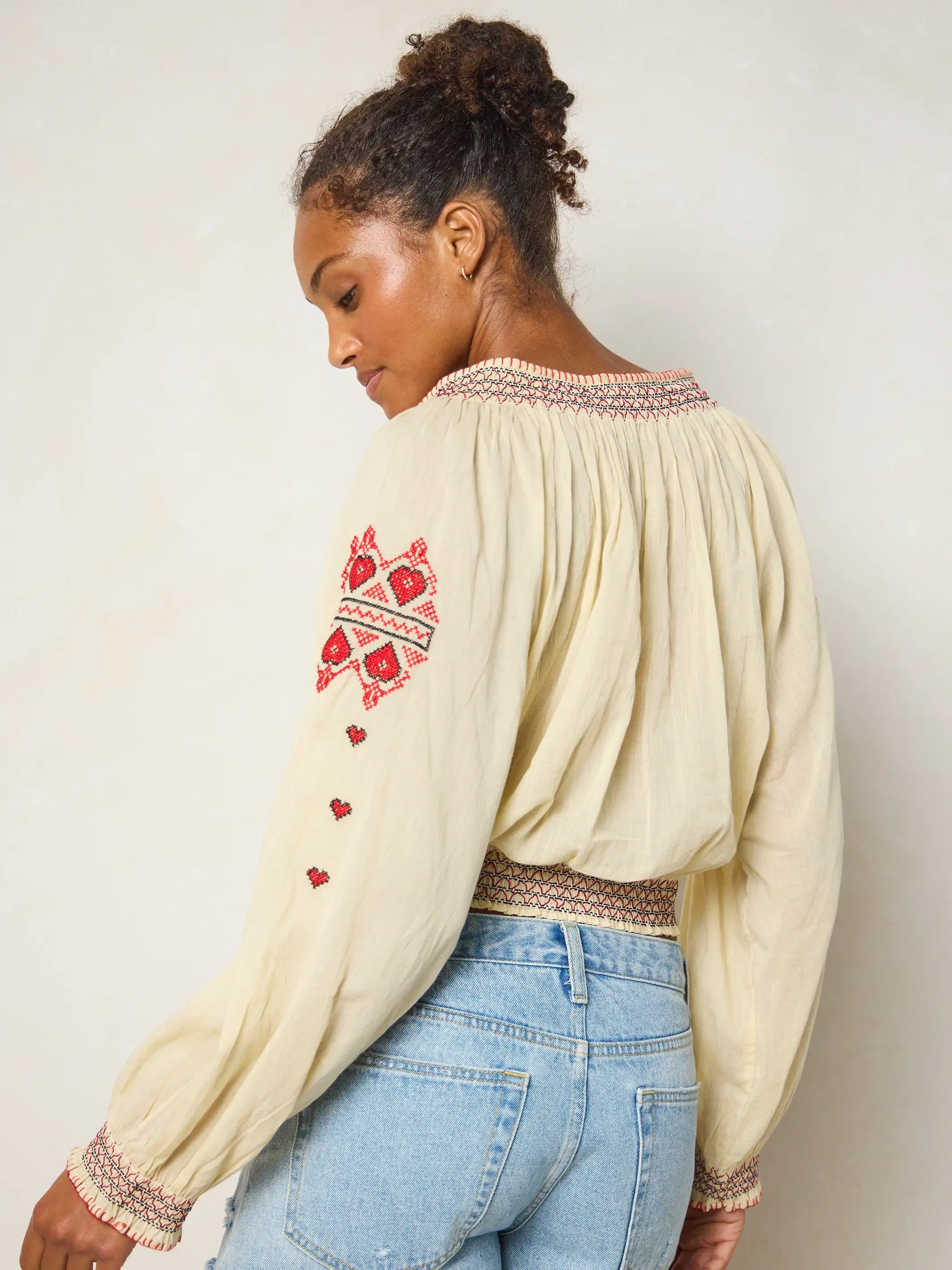 Embroidered Cotton Long Sleeve Peasant Top - Ivory