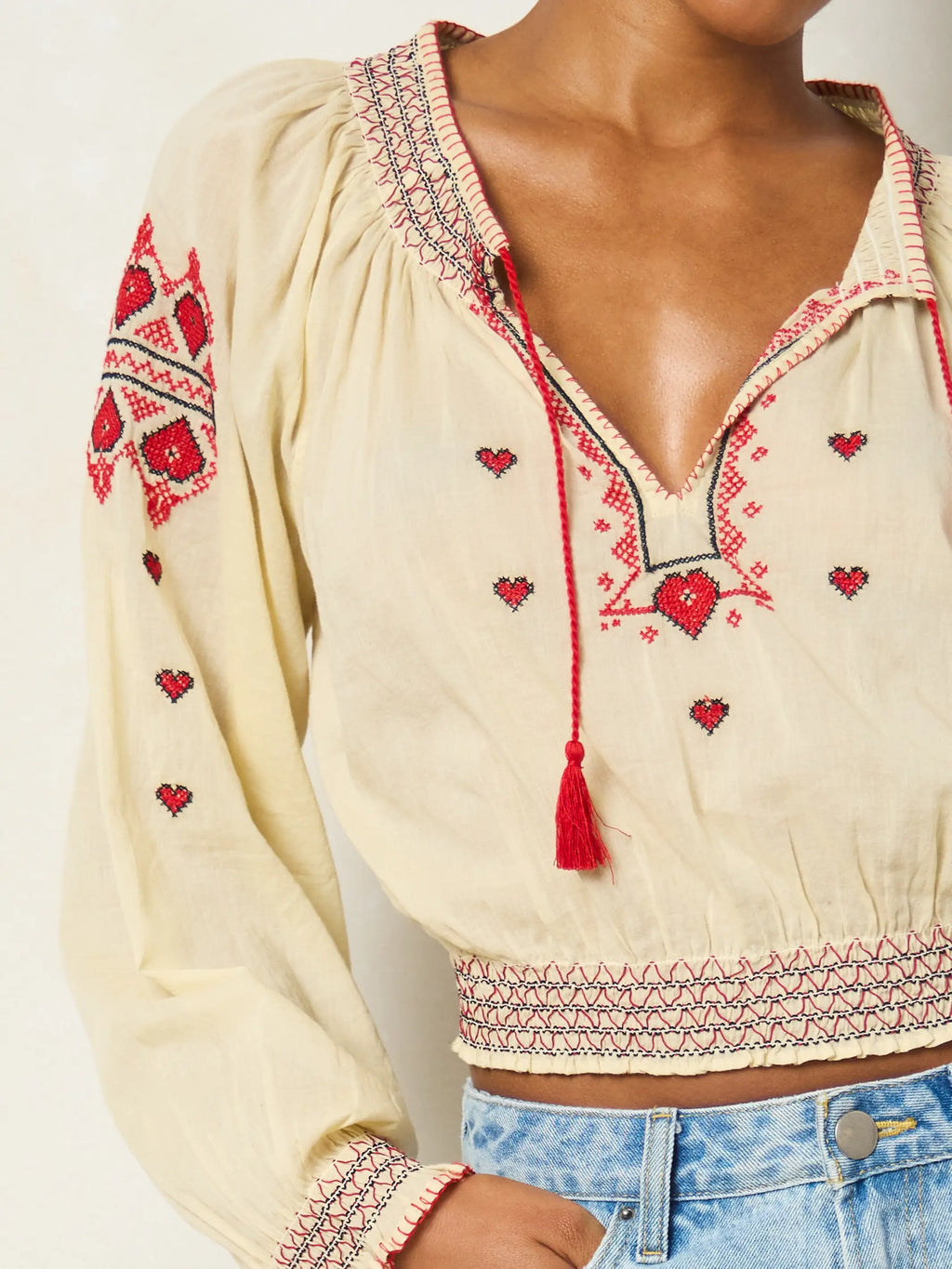 Embroidered Cotton Long Sleeve Peasant Top - Ivory