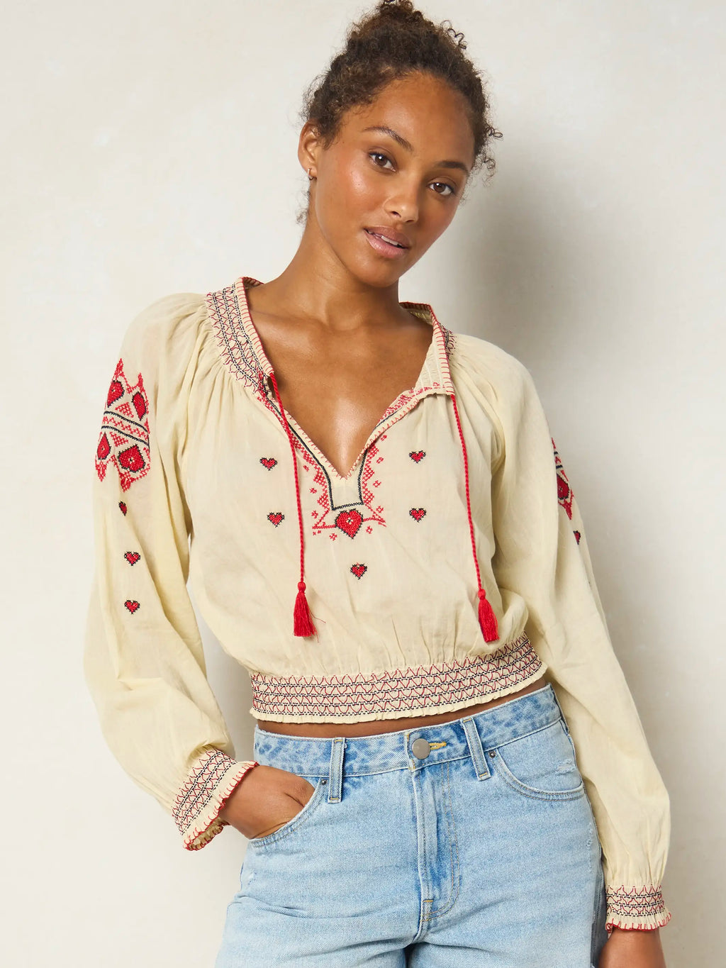 Embroidered Cotton Long Sleeve Peasant Top - Ivory