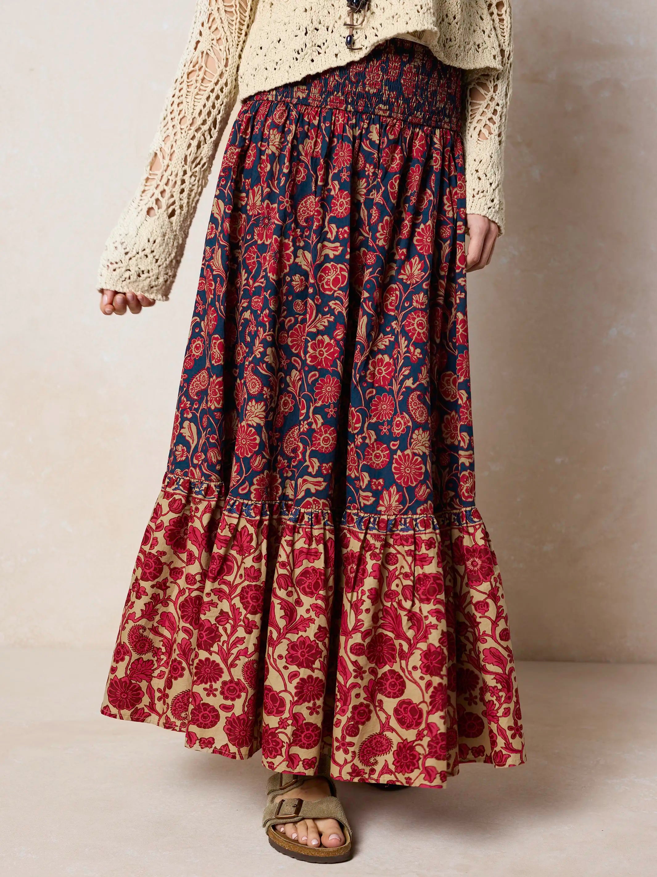 Flora Convertible Cotton Maxi Skirt - Ornate Paisley Navy