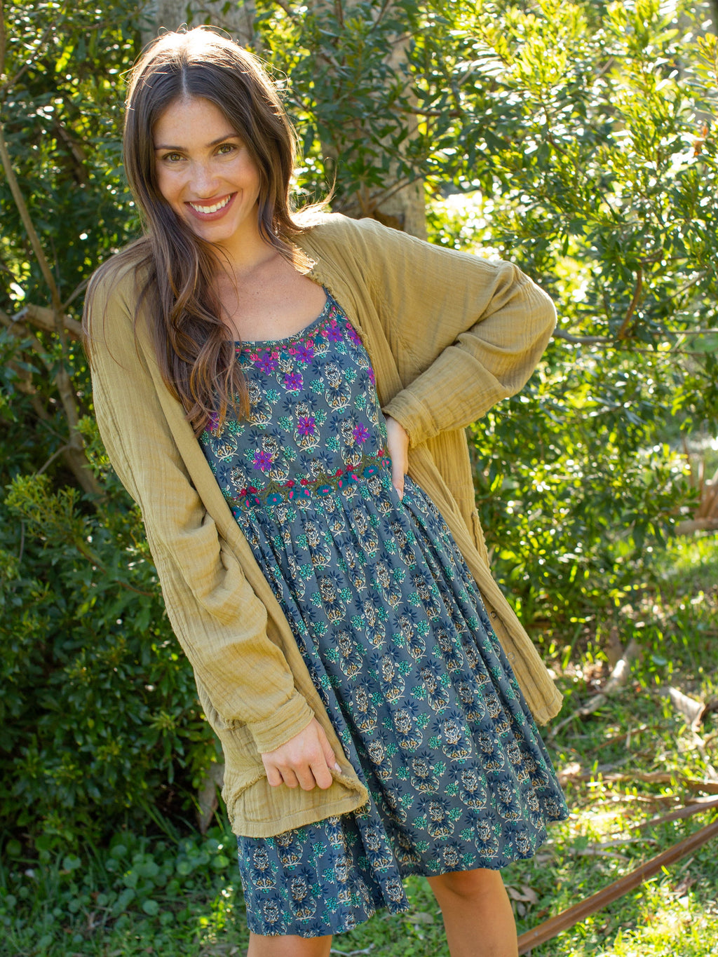 Sara Embroidered Dress - Dark Teal Medallion