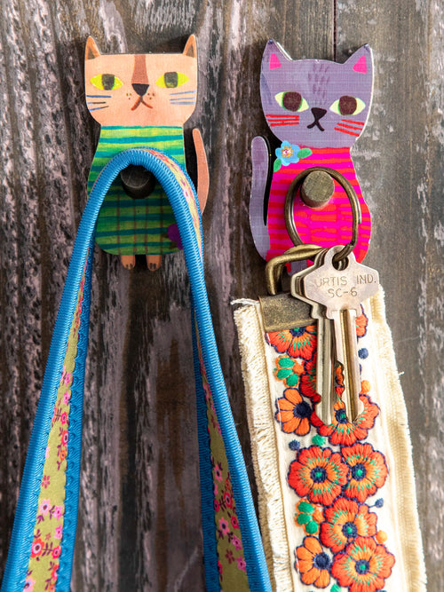 Adhesive Wooden Wall Hooks, Set of 2 - Cat