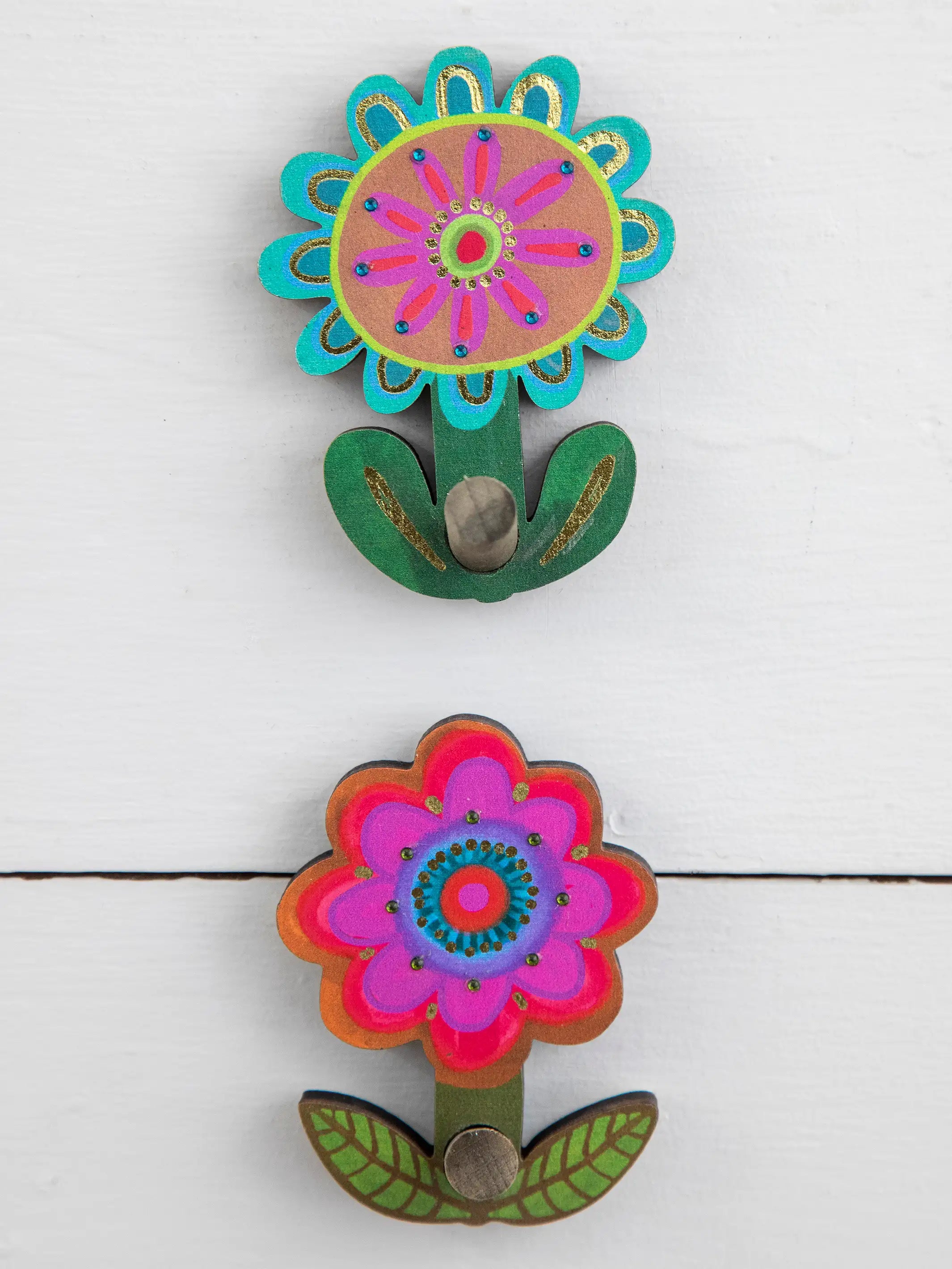 Adhesive Wooden Wall Hooks, Set of 2 - Flower