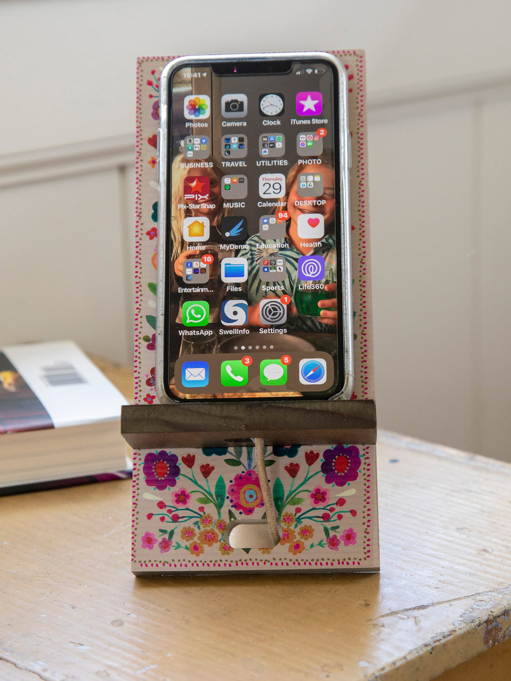 Wooden Phone Stand - Cream Folk Flower