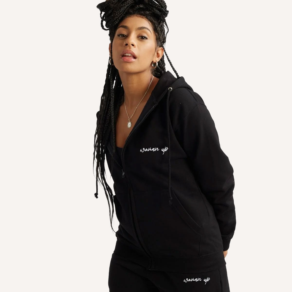 Woman Up Embroidered Detail Zipped Hoodie