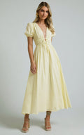 Portofino Midi Dress - V Neck Puff Sleeve Dress in Yellow