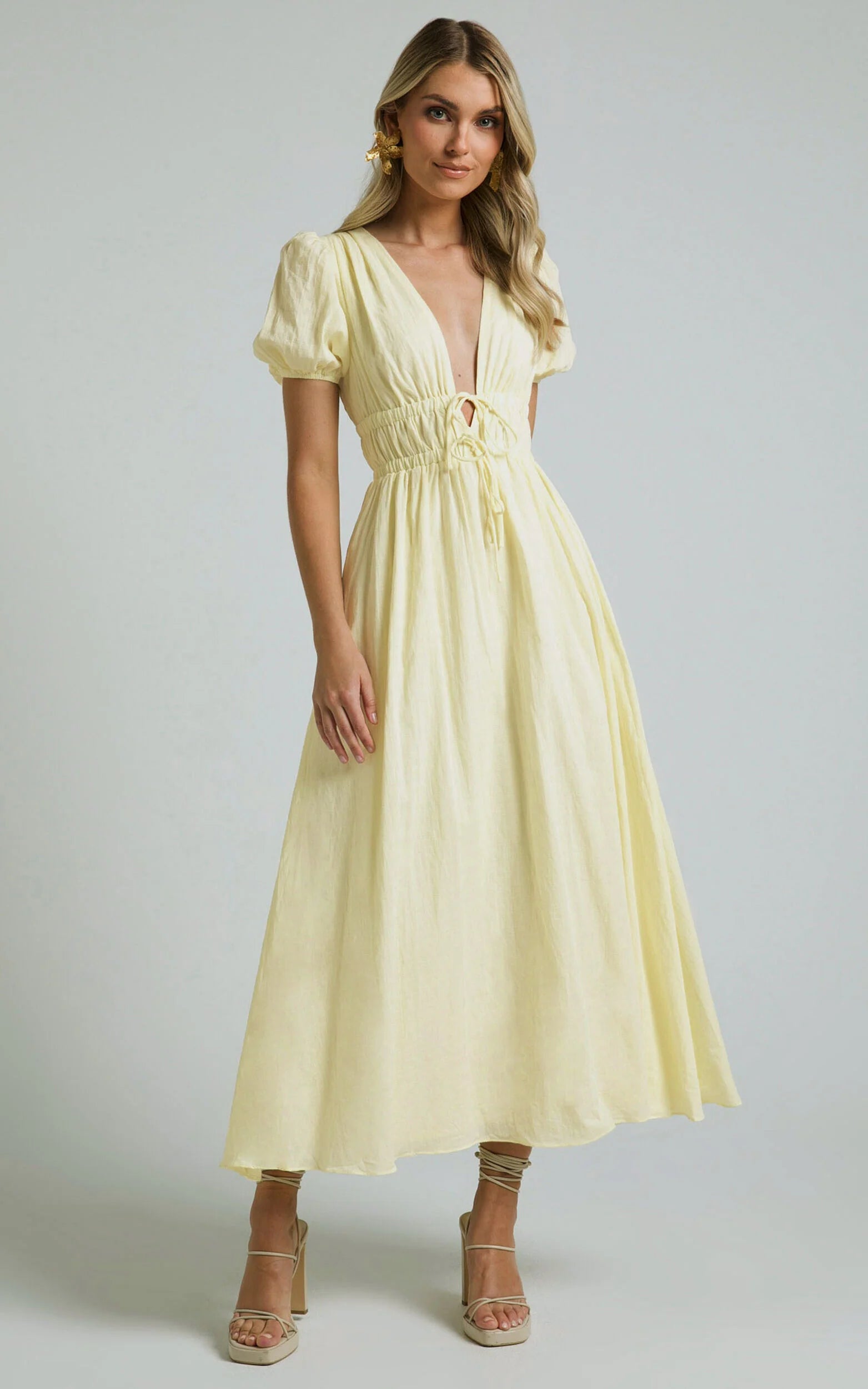 Portofino Midi Dress - V Neck Puff Sleeve Dress in Yellow